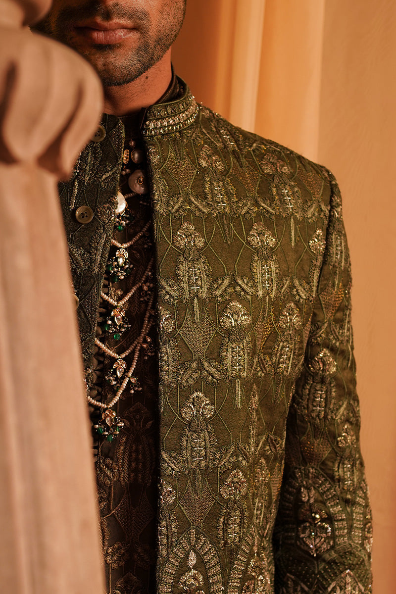 Olive Gold Embroidered Jacquard Prince Coat (1-Pc) - Image 3