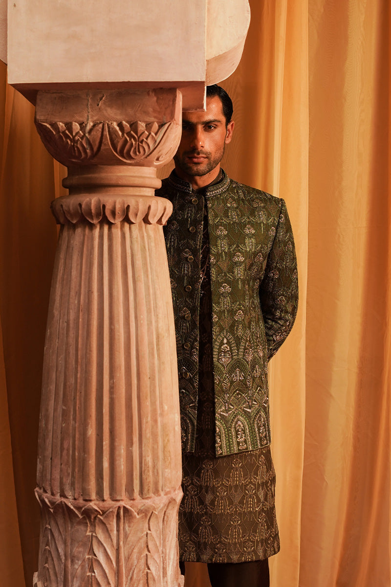Olive Gold Embroidered Jacquard Prince Coat (1-Pc) - Image 5