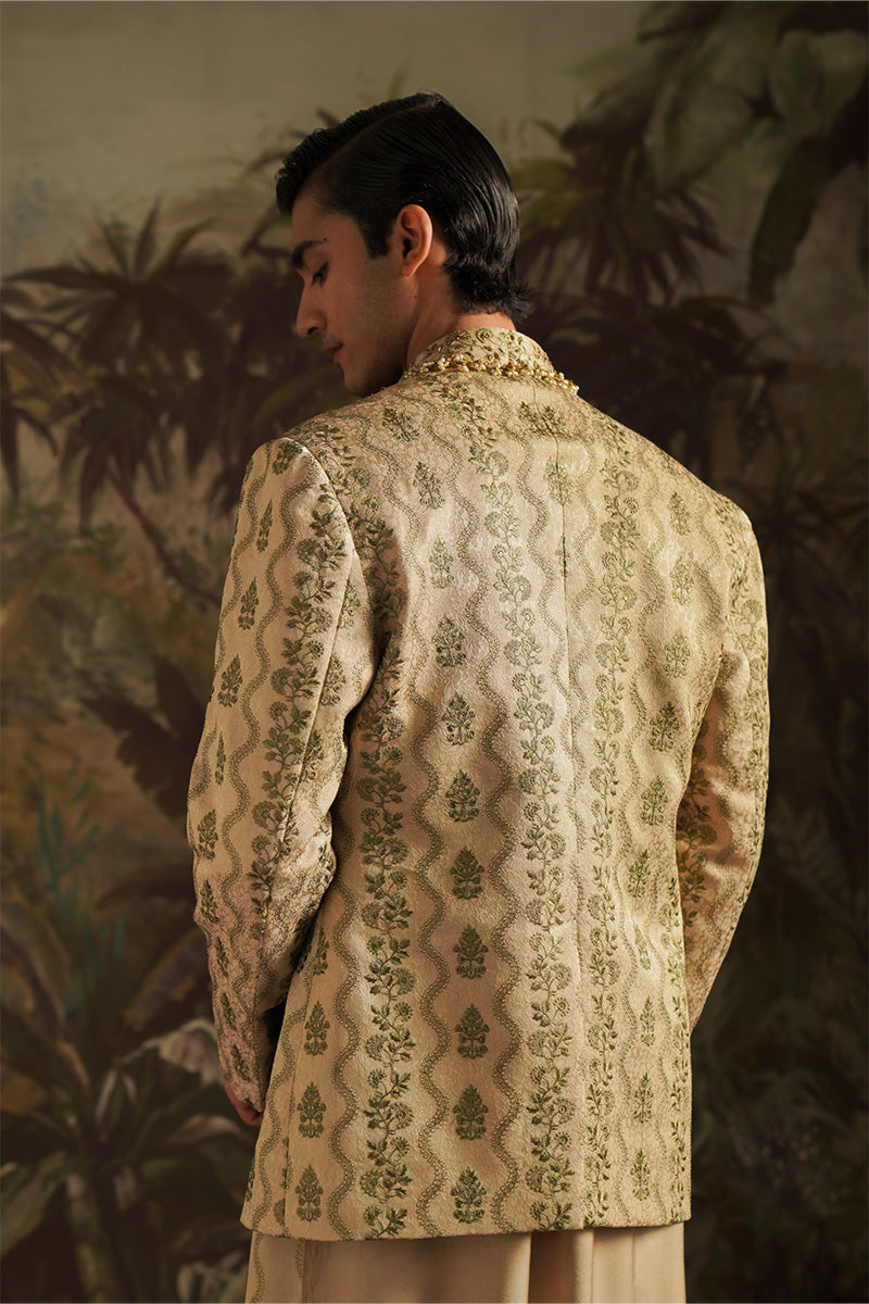 Beige Gold Jacquard Prince Coat with Olive Green Embroidery (3-Piece) - Image 4