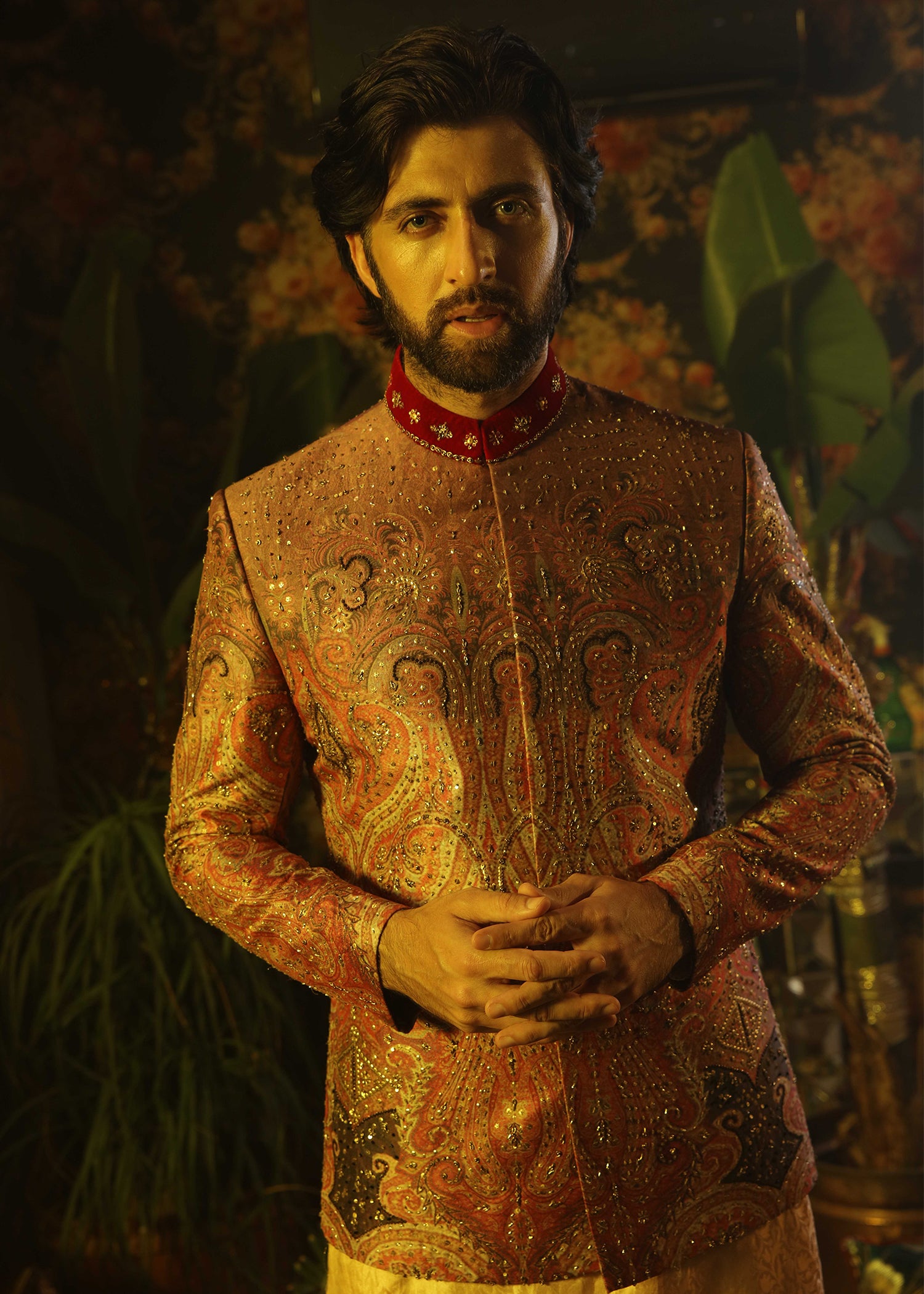 Gold Maroon Paisley Beaded Jamawar Prince Coat (2-Piece) - Image 1