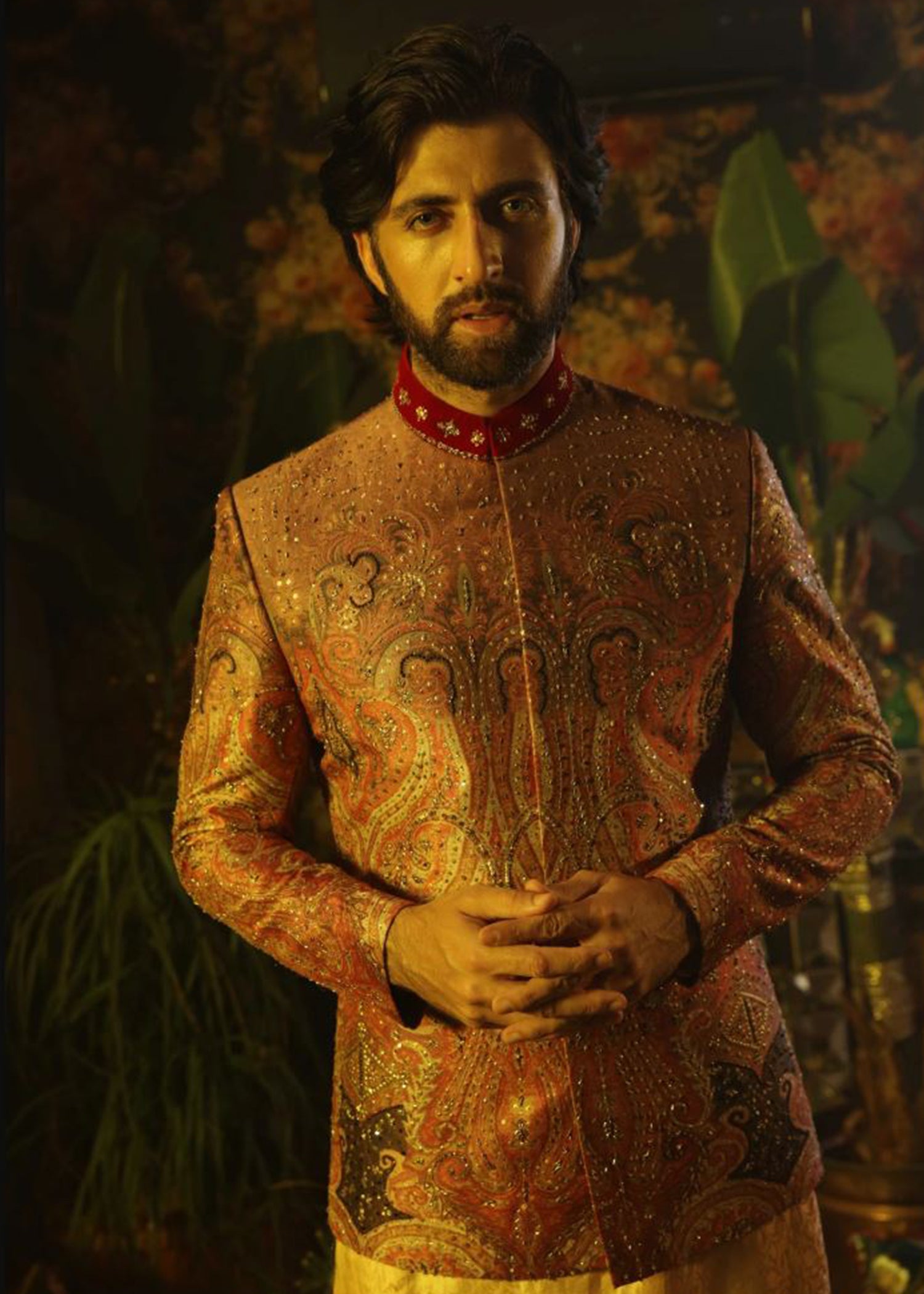 Gold Maroon Paisley Beaded Jamawar Prince Coat (2-Piece) - Image 3