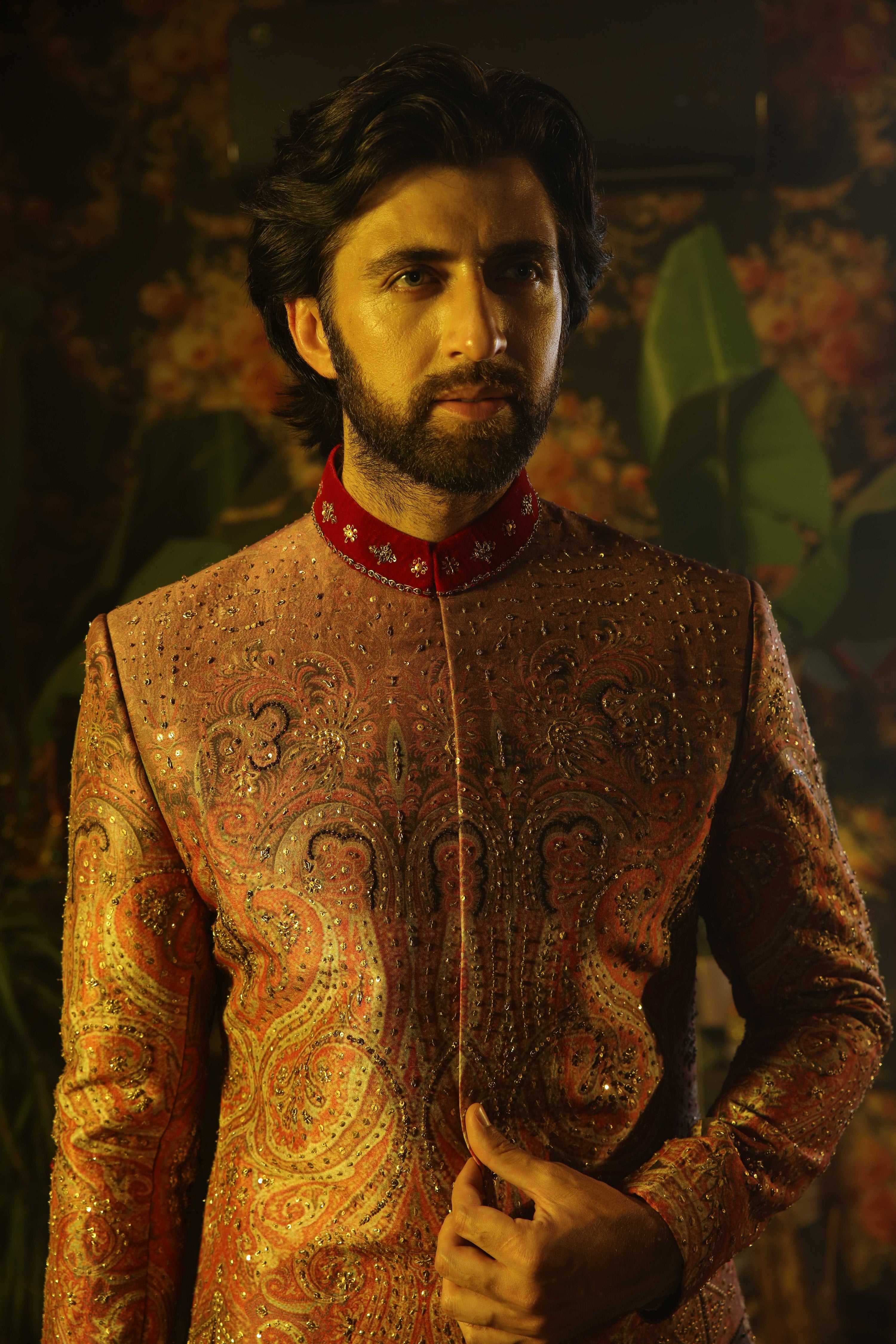 Gold Maroon Paisley Beaded Jamawar Prince Coat (2-Piece) - Image 4