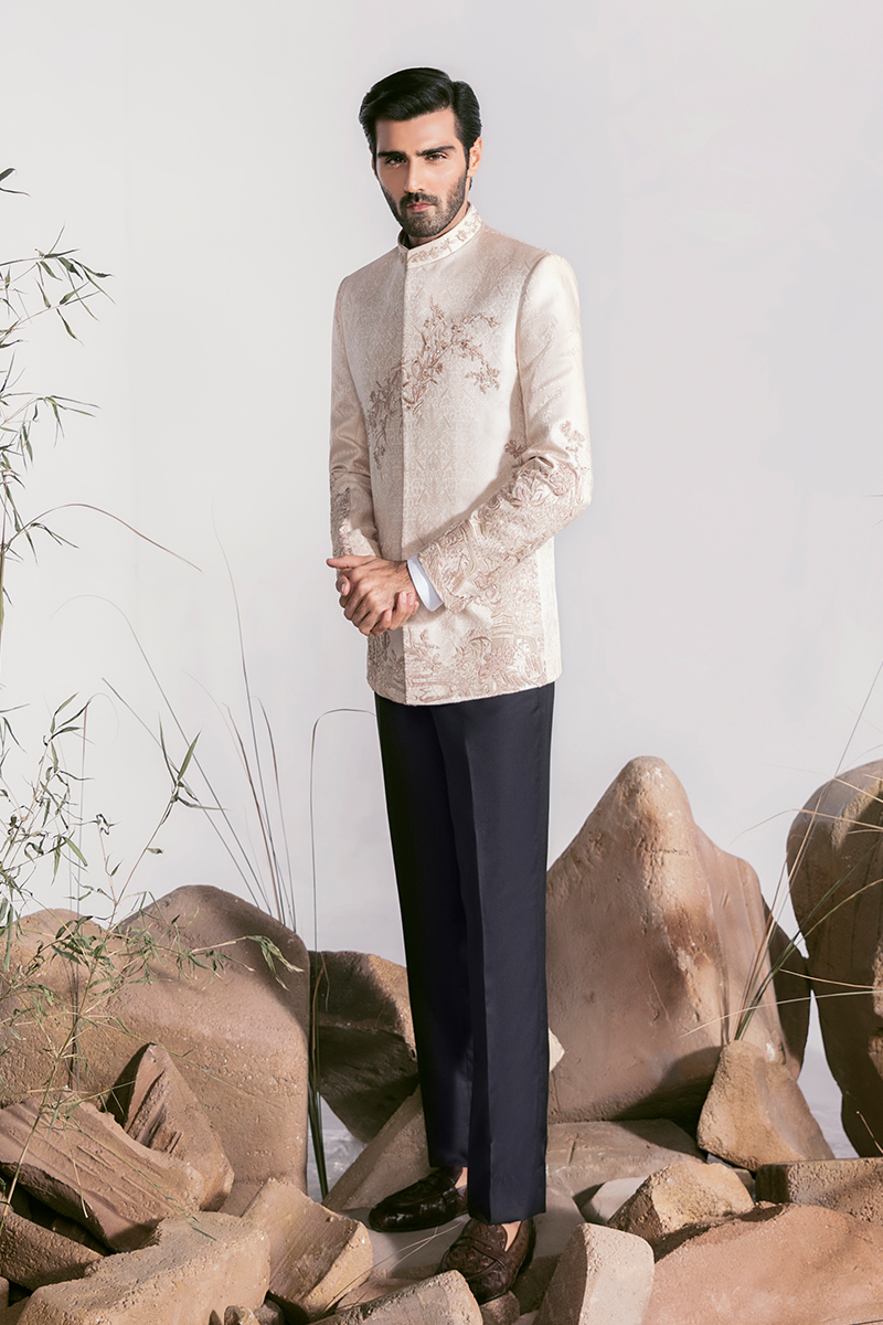 Rose Gold Embroidered Self-Jamawar Prince Coat (2-Piece) - Image 2