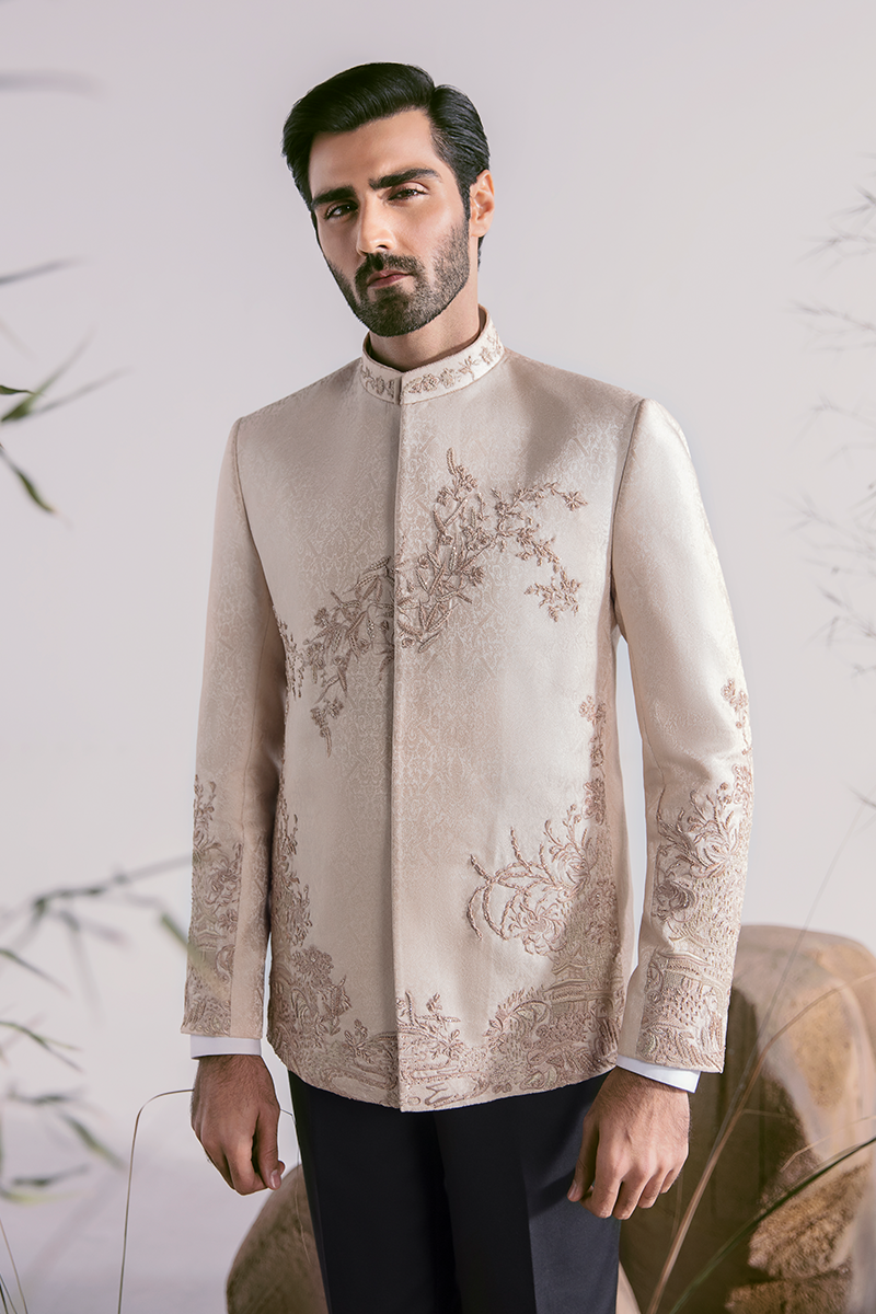 Rose Gold Embroidered Self-Jamawar Prince Coat (2-Piece) - Image 3