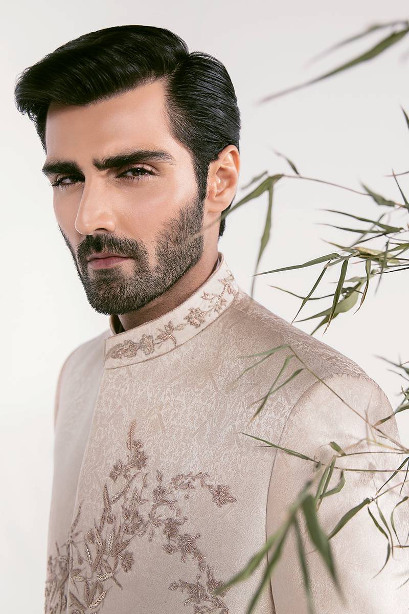 Rose Gold Embroidered Self-Jamawar Prince Coat (2-Piece) - Image 4