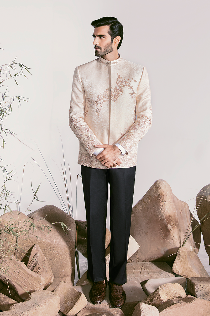 Rose Gold Floral Embroidered Self Jamawar Prince Coat (2-Piece) - Image 1