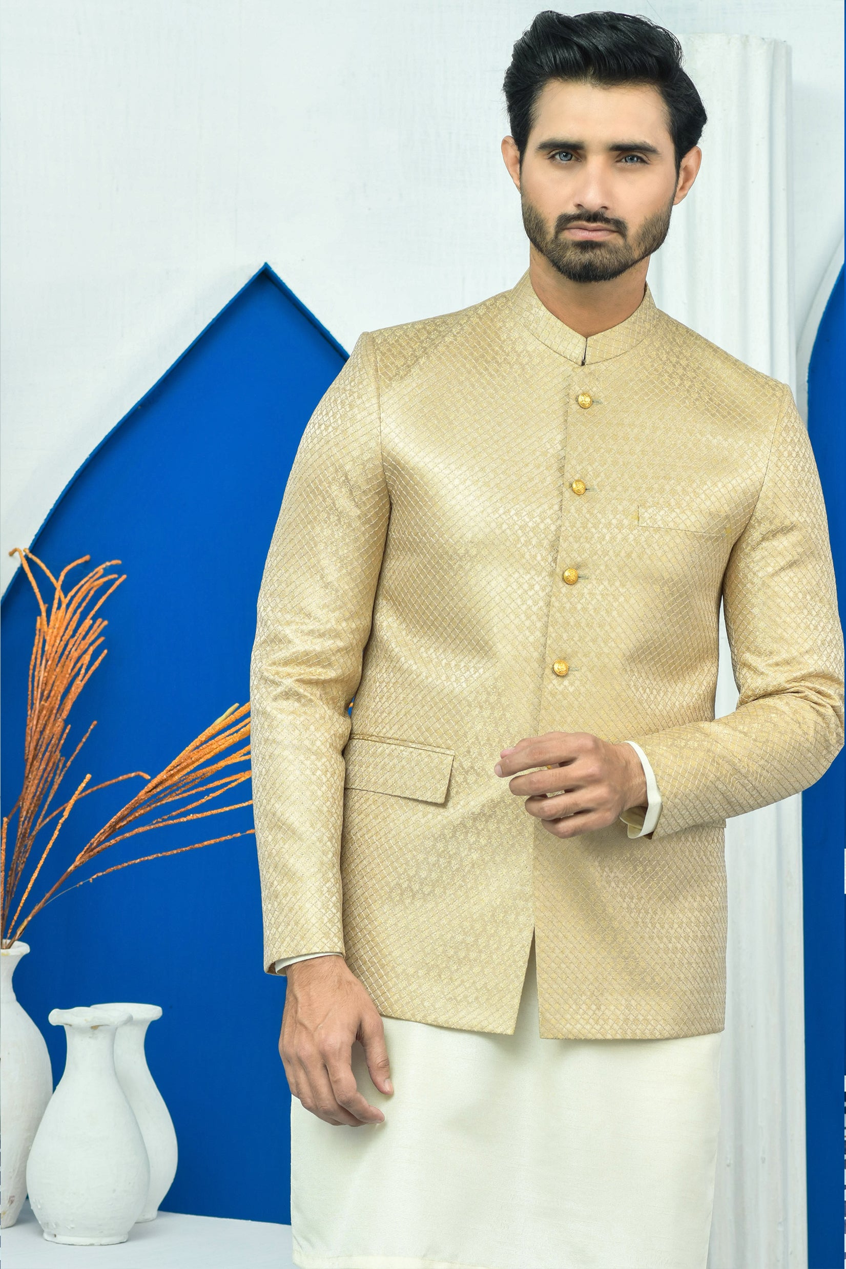 Gold Aari Work Jamawar Prince Coat (1-Pc) - Image 3