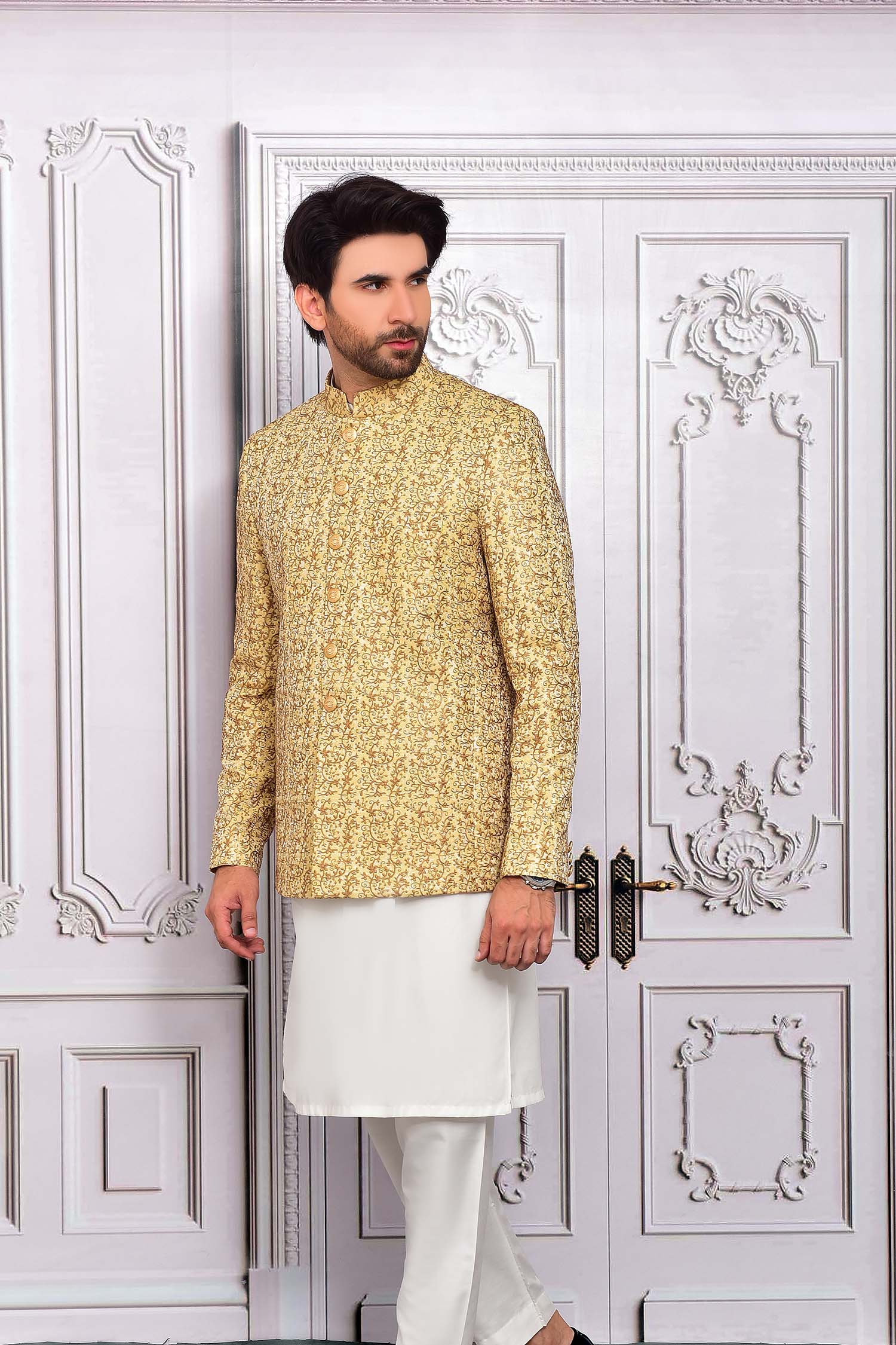 Golden Woven Masoori Prince Coat (2-Piece) - Image 1