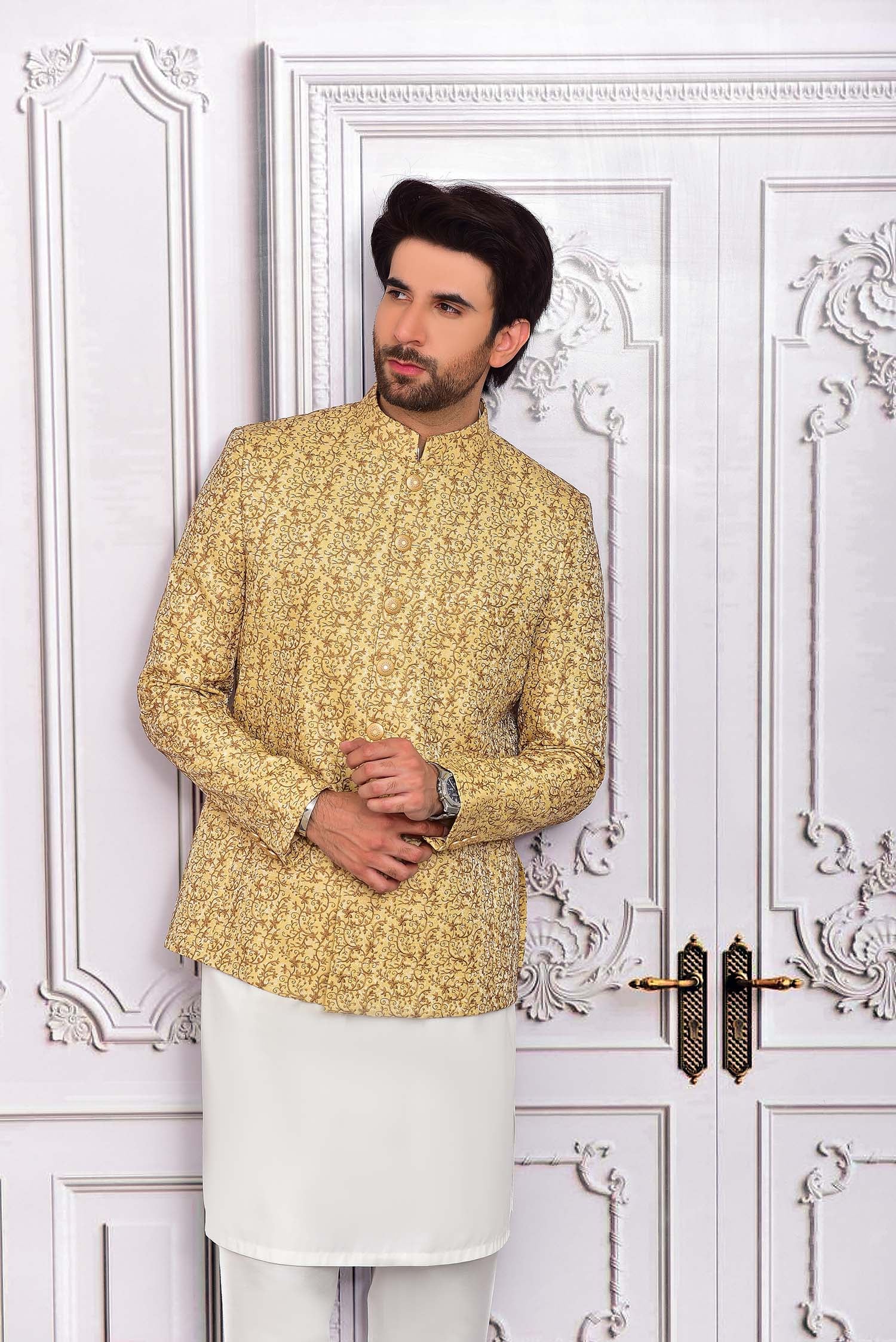 Golden Woven Masoori Prince Coat (2-Piece) - Image 3