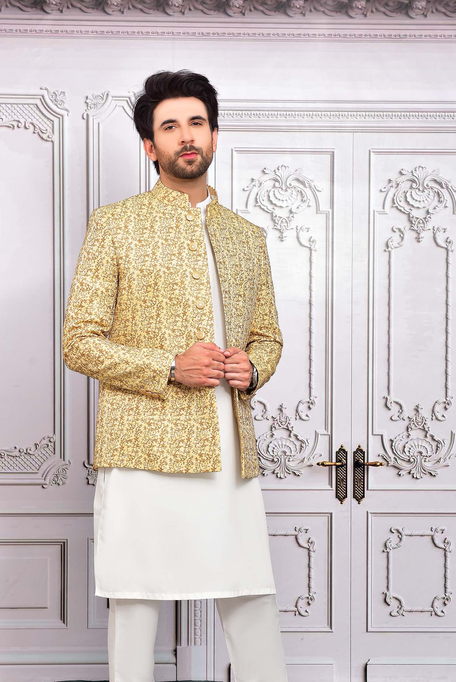 Golden Embroidered Masoori Prince Coat (2-Piece) - Image 2