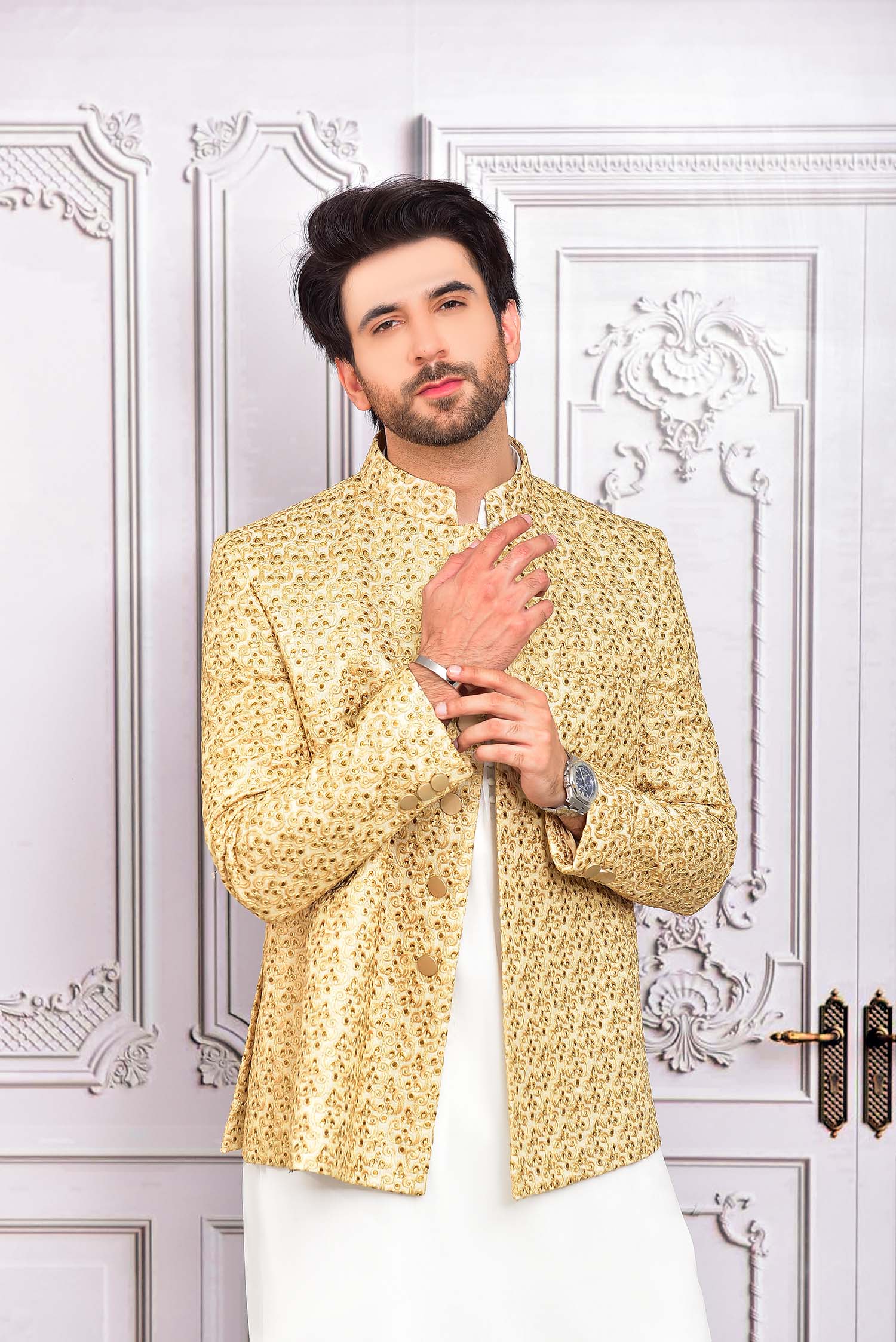 Golden Embroidered Masoori Prince Coat (2-Piece) - Image 3