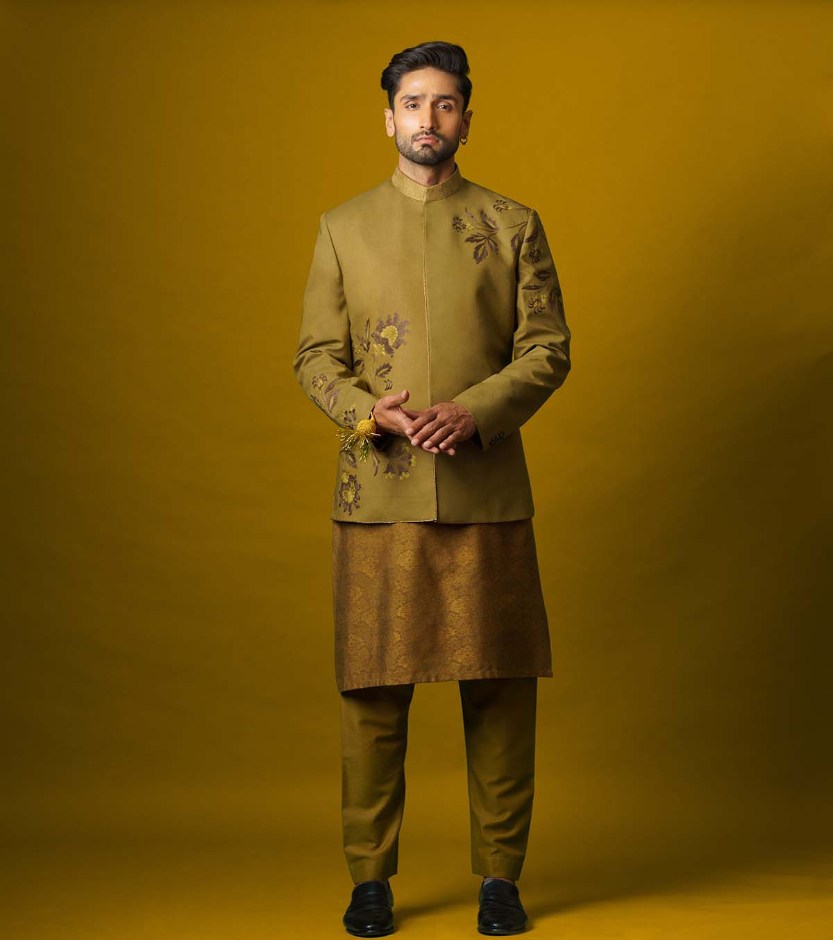Old Gold Embroidered Suiting Prince Coat (3-Piece) - Image 1