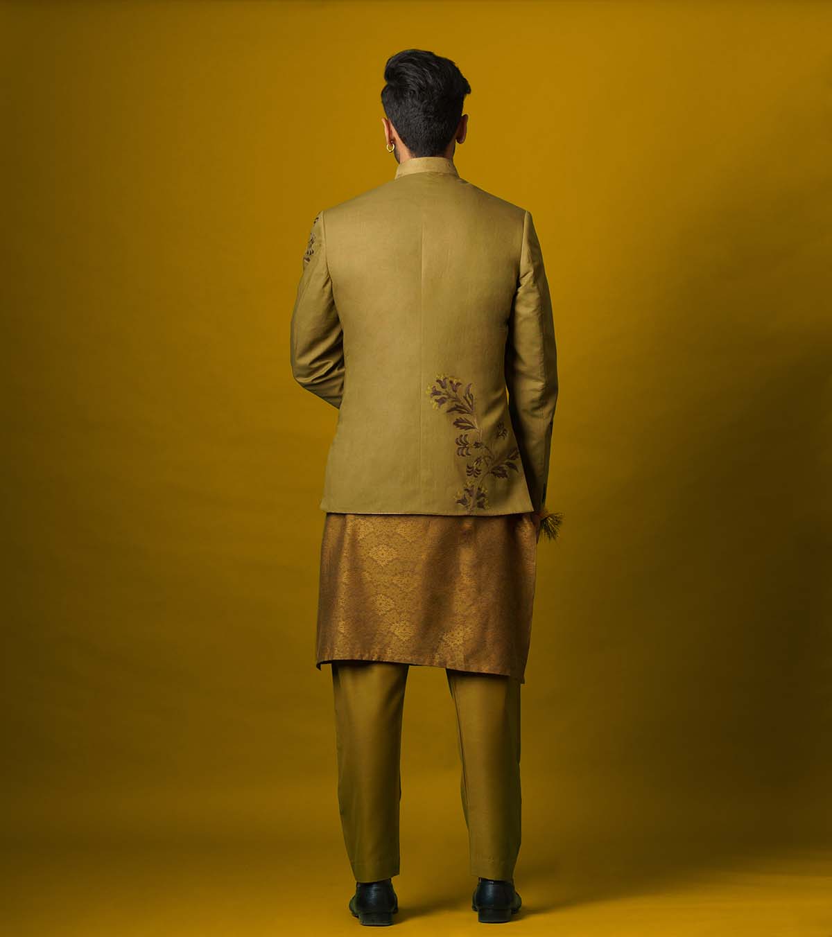 Old Gold Embroidered Suiting Prince Coat (3-Piece) - Image 2