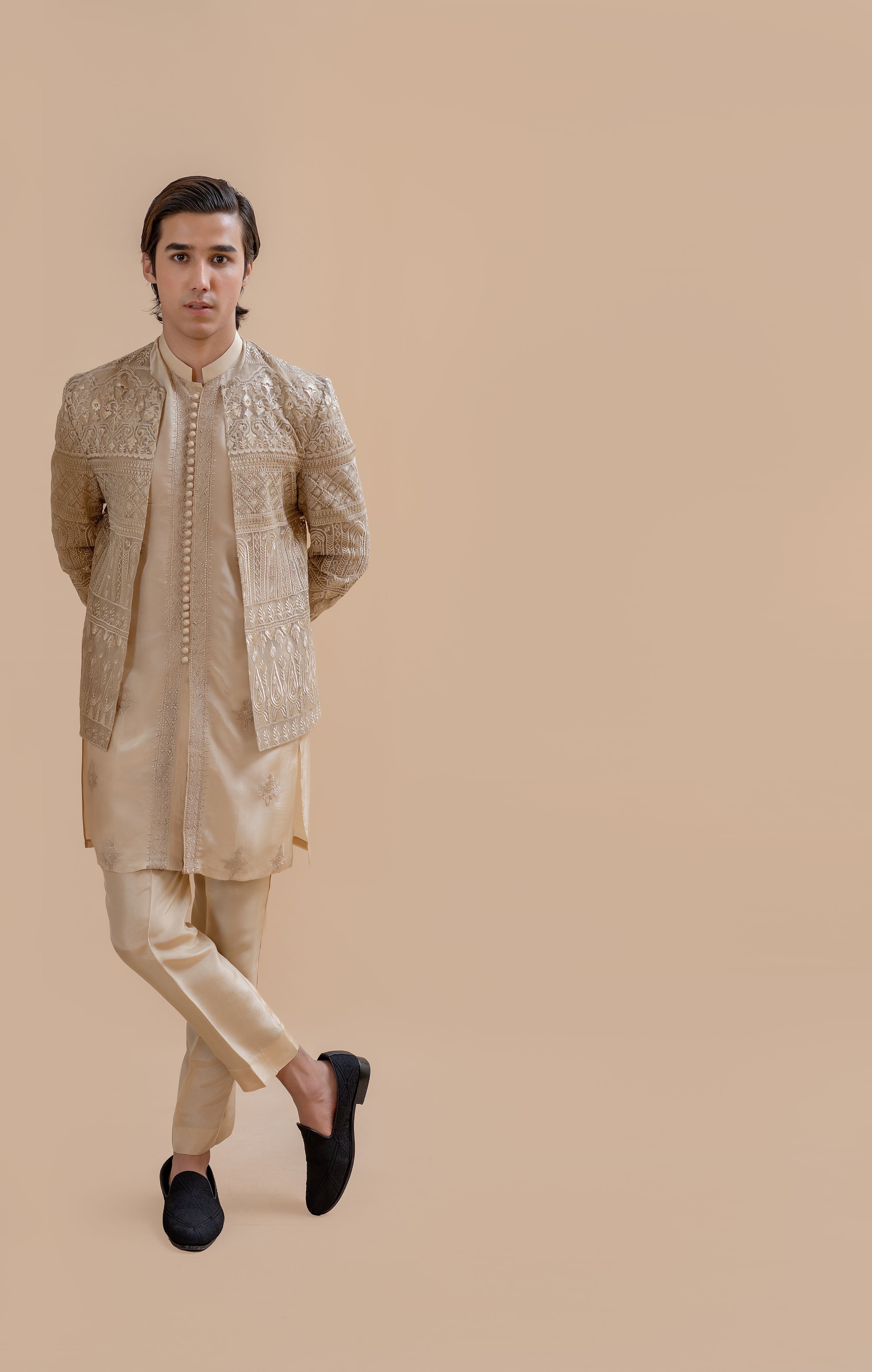 Gold Embroidered Organza Prince Coat with Silk Kurta Pajama (3-Piece) - Image 8