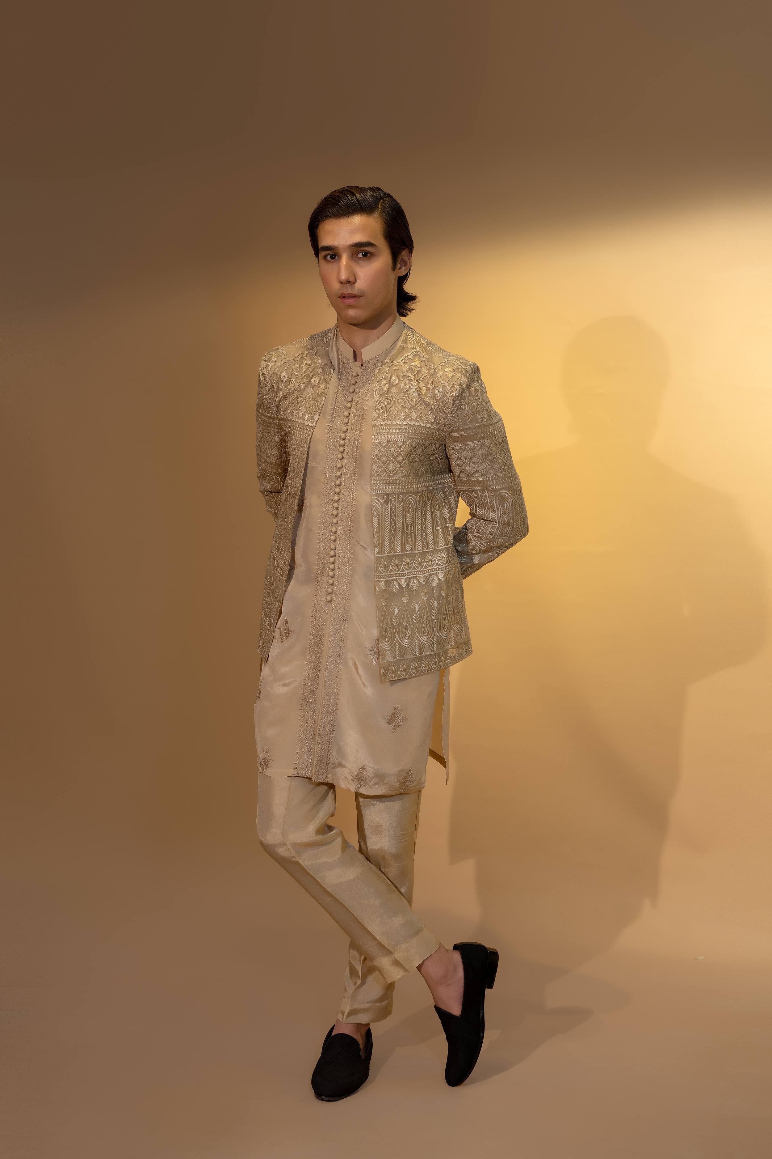 Gold Embroidered Organza Prince Coat with Silk Kurta Pajama (3-Piece) - Image 1