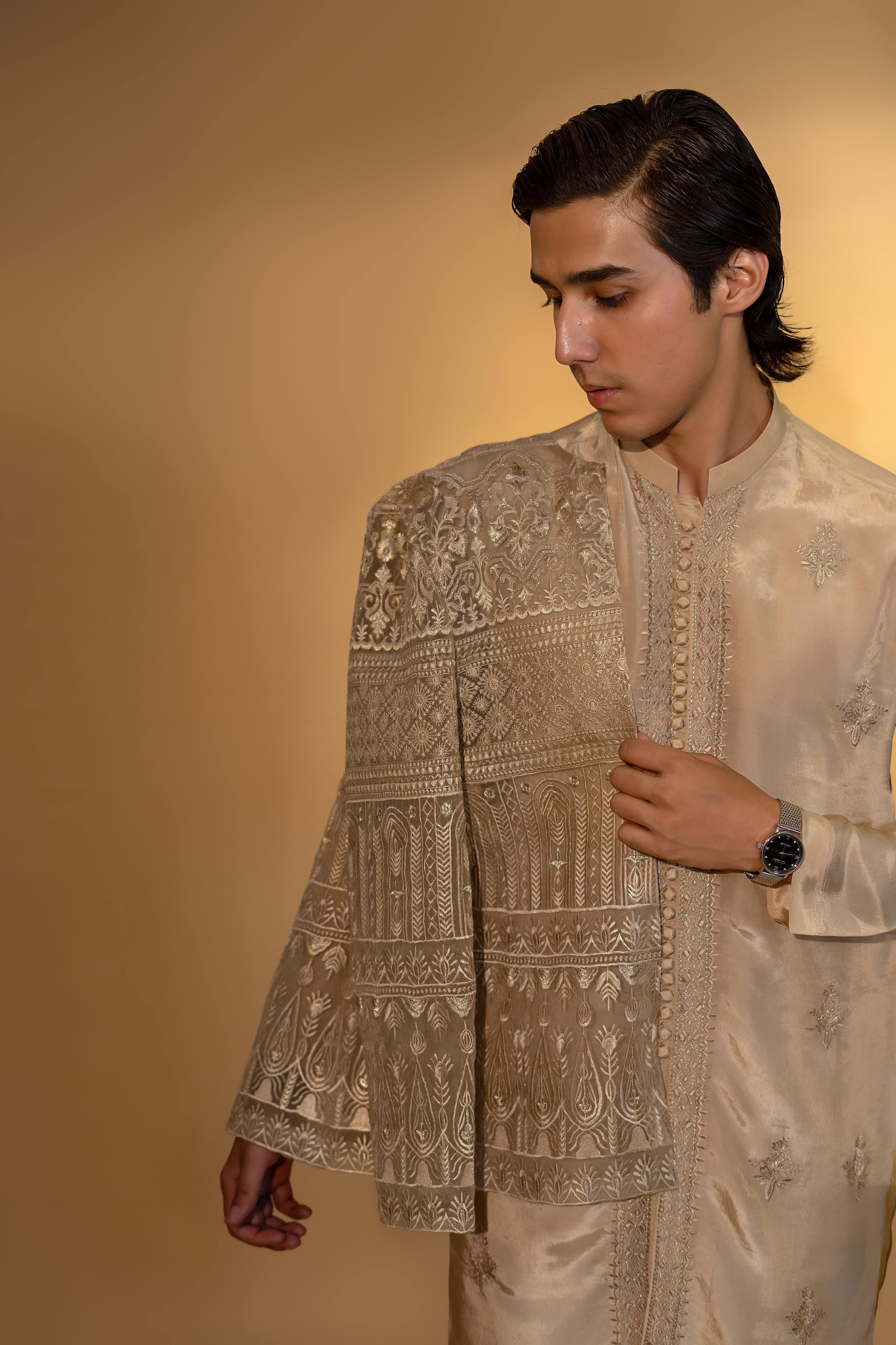 Gold Embroidered Organza Prince Coat with Silk Kurta Pajama (3-Piece) - Image 5