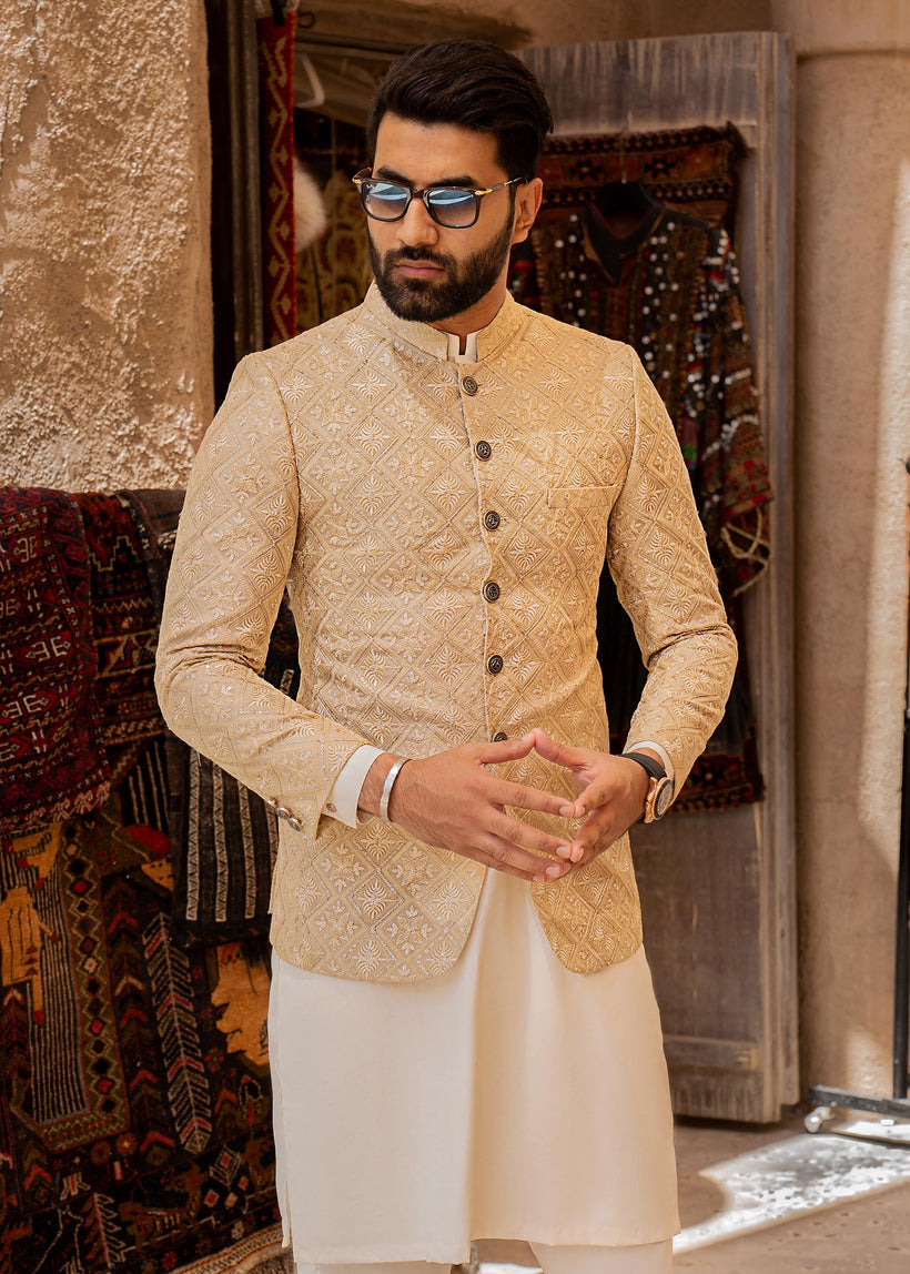 Golden Checked Embroidered Raw Silk Prince Coat (2-Piece) - Image 1