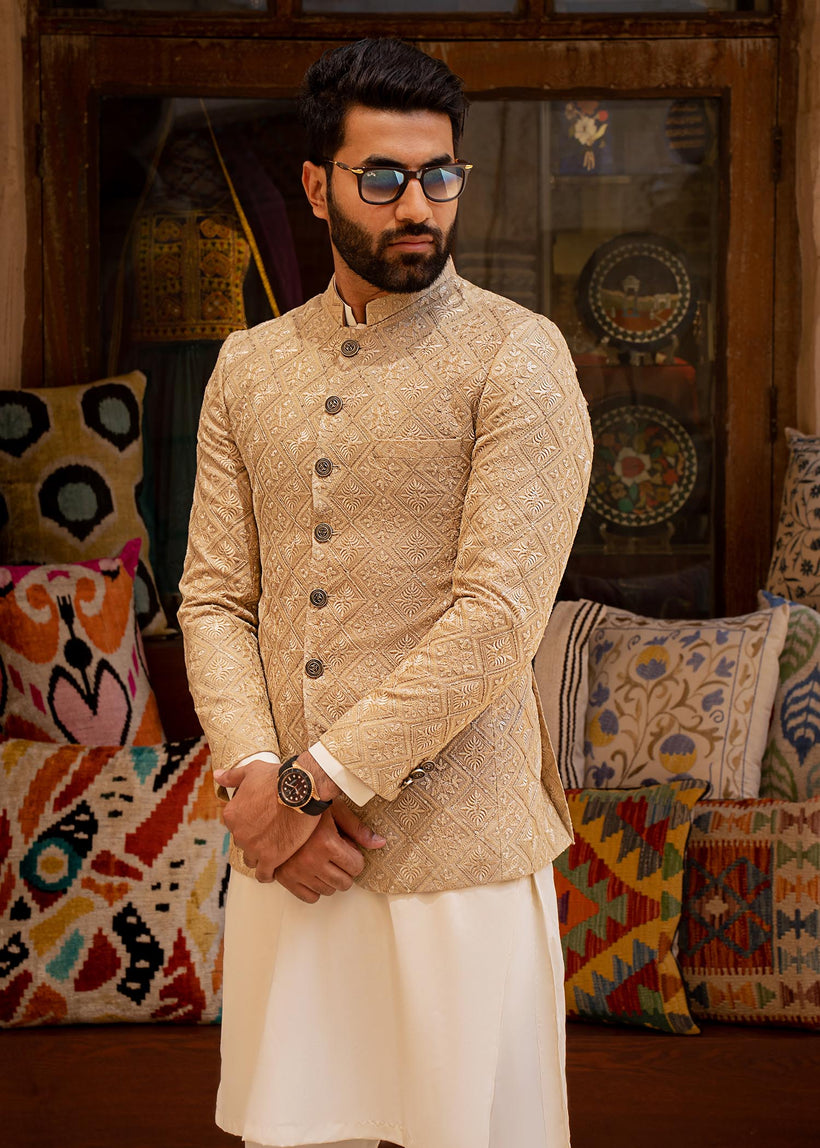 Golden Checked Embroidered Raw Silk Prince Coat (2-Piece) - Image 2