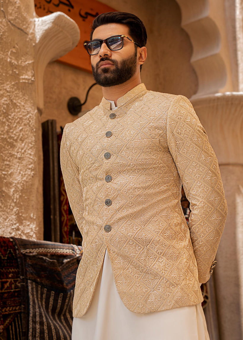 Golden Checked Embroidered Raw Silk Prince Coat (2-Piece) - Image 3