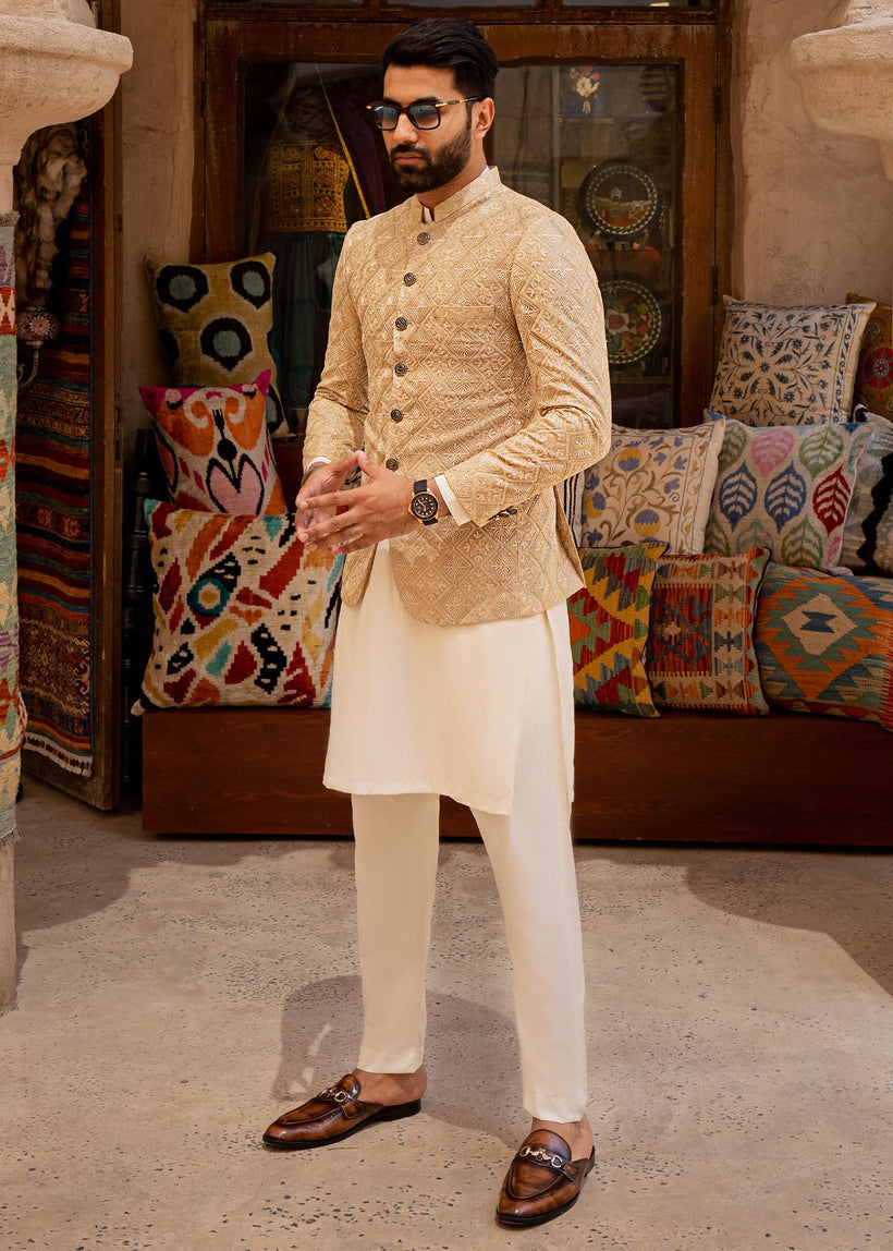 Golden Checked Embroidered Raw Silk Prince Coat (2-Piece) - Image 4