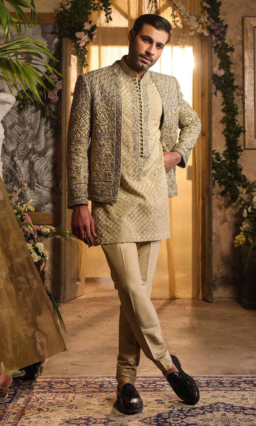 Gold Hand-Embellished Raw Silk Prince Coat (3-Piece) - Image 1