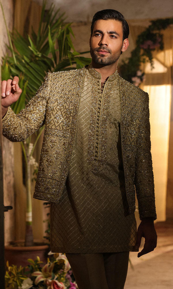 Gold Hand-Embellished Raw Silk Prince Coat (3-Piece) - Image 3