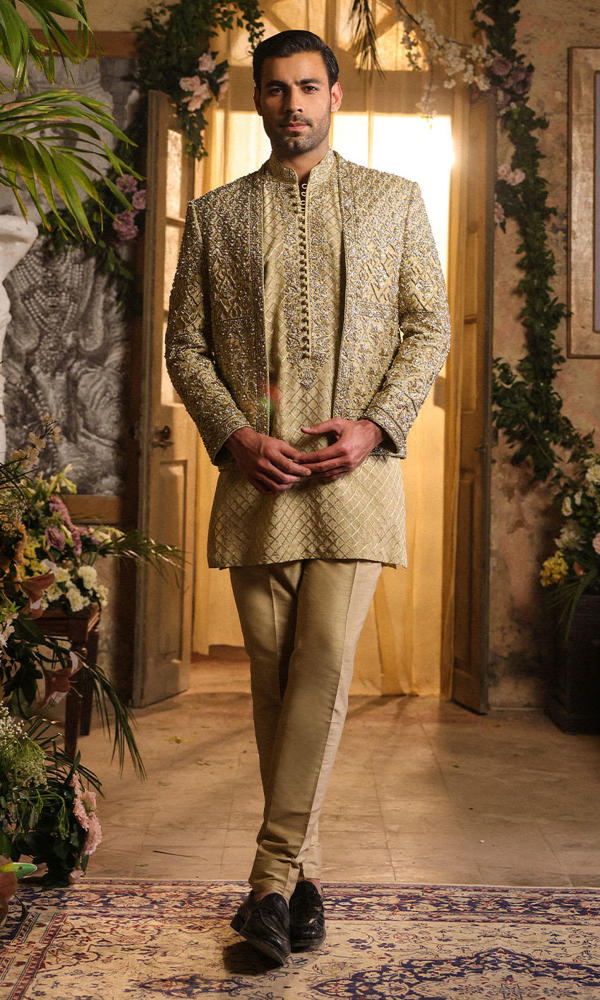 Gold Hand-Embellished Raw Silk Prince Coat (3-Piece) - Image 4