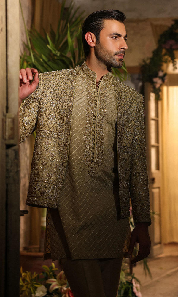 Gold Hand-Embellished Raw Silk Prince Coat (3-Piece) - Image 5