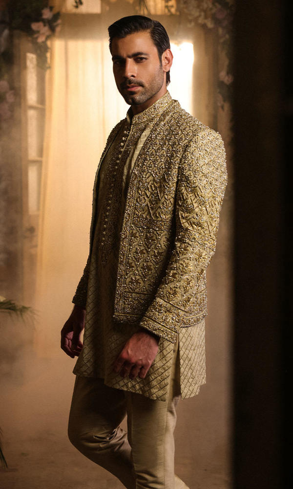 Gold Hand-Embellished Raw Silk Prince Coat (3-Piece) - Image 6