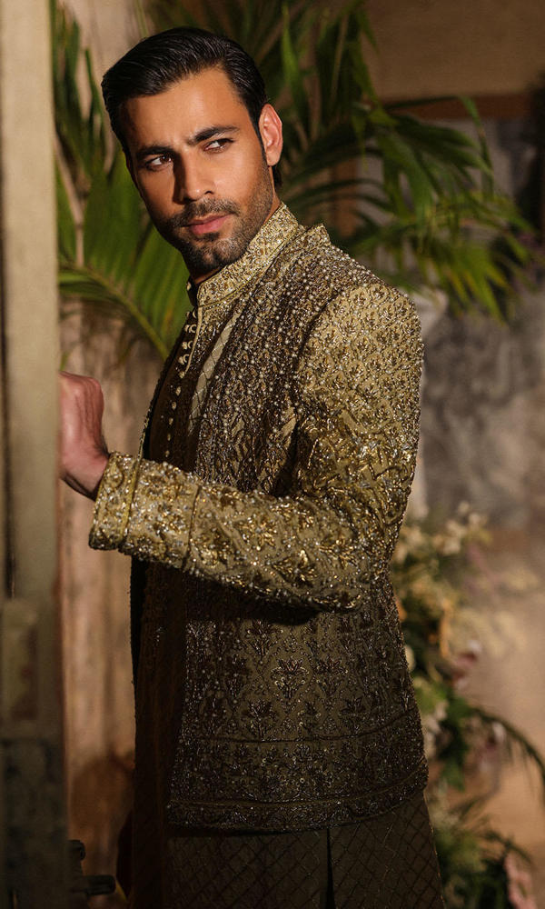 Gold Hand-Embellished Raw Silk Prince Coat (3-Piece) - Image 7