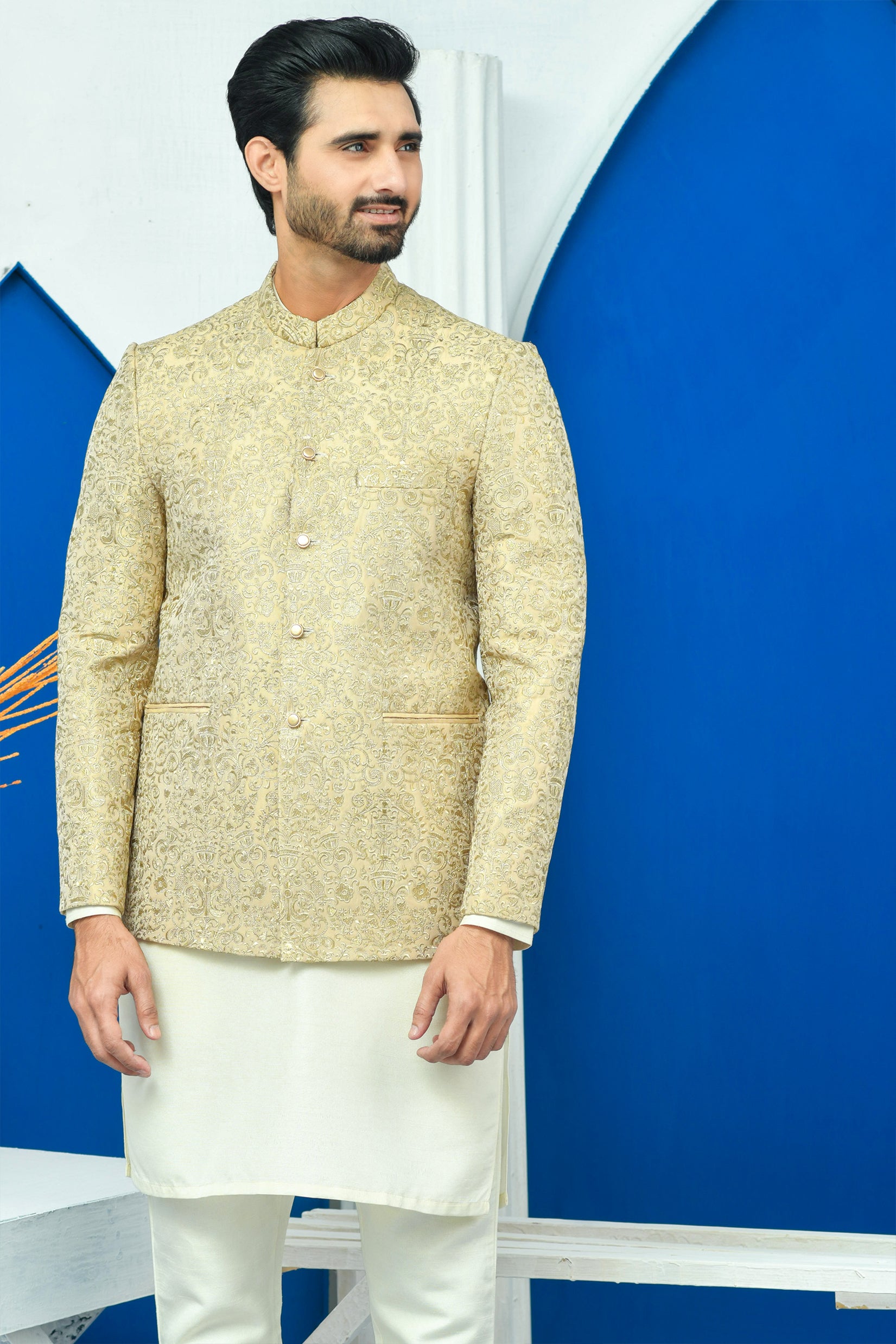 Gold Zari Embroidered Raw Silk Prince Coat (1-Pc) - Image 1