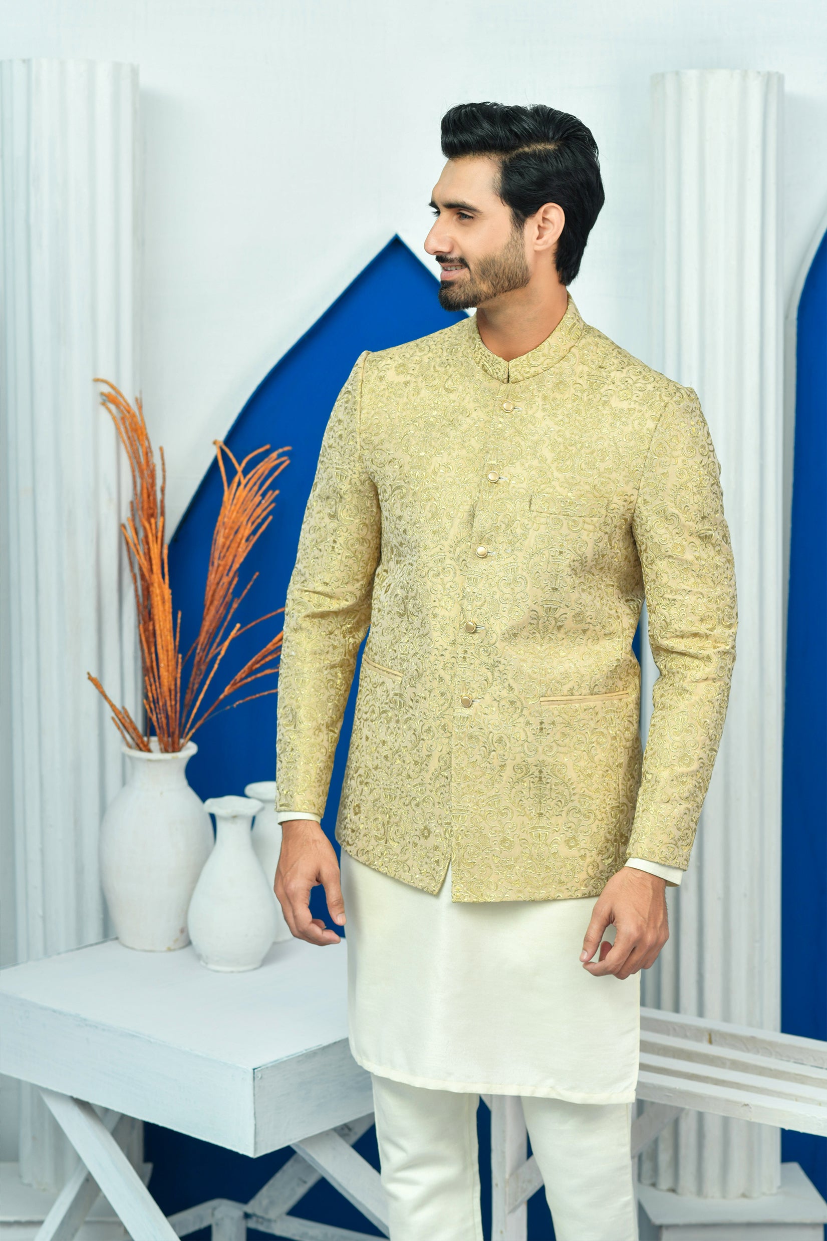 Gold Zari Embroidered Raw Silk Prince Coat (1-Pc) - Image 2