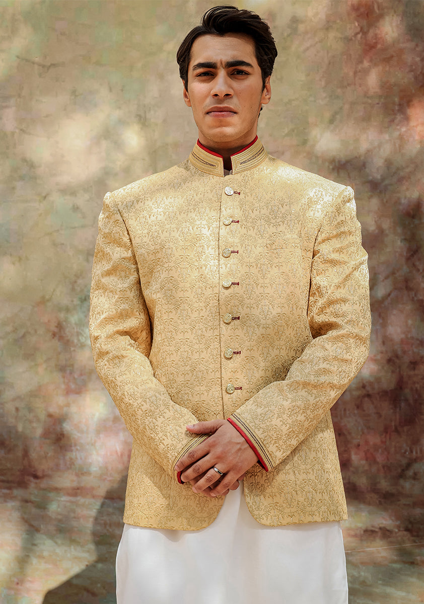 Wheat Gold Jacquard Satin Prince Coat (2-Piece) - Image 1