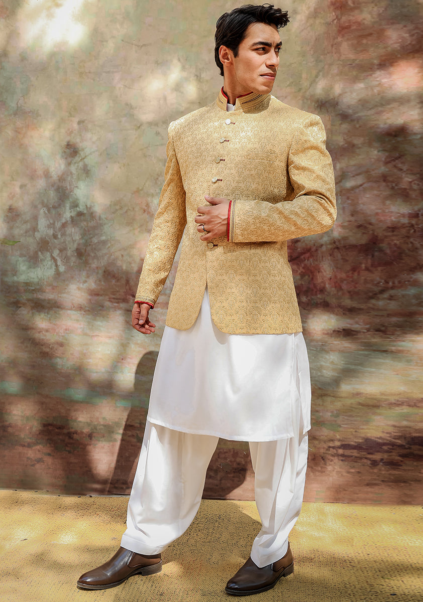 Wheat Gold Jacquard Satin Prince Coat (2-Piece) - Image 2