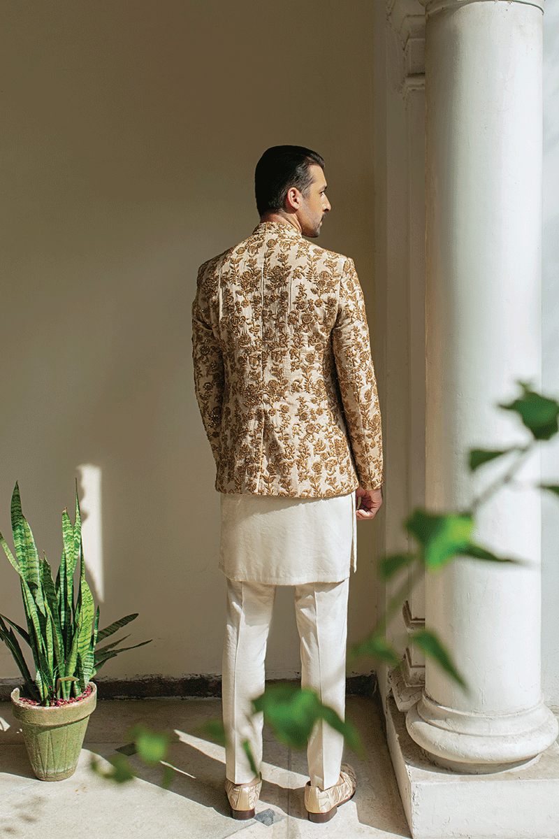 Gold Floral Embellished Shimmer Prince Coat (3-Piece) - Image 4