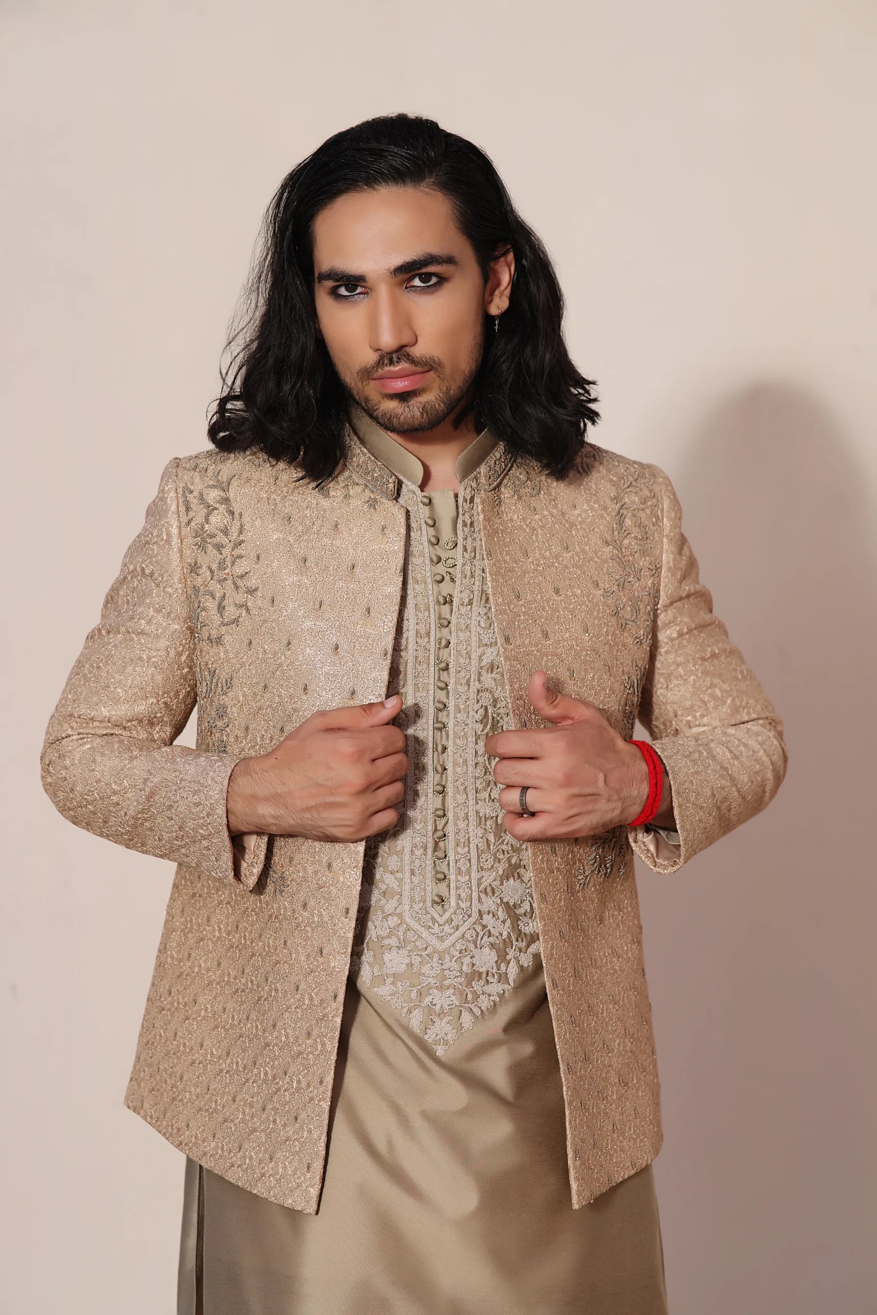 Pale Gold Embroidered Silk-Blend Prince Coat (3-Piece) - Image 1