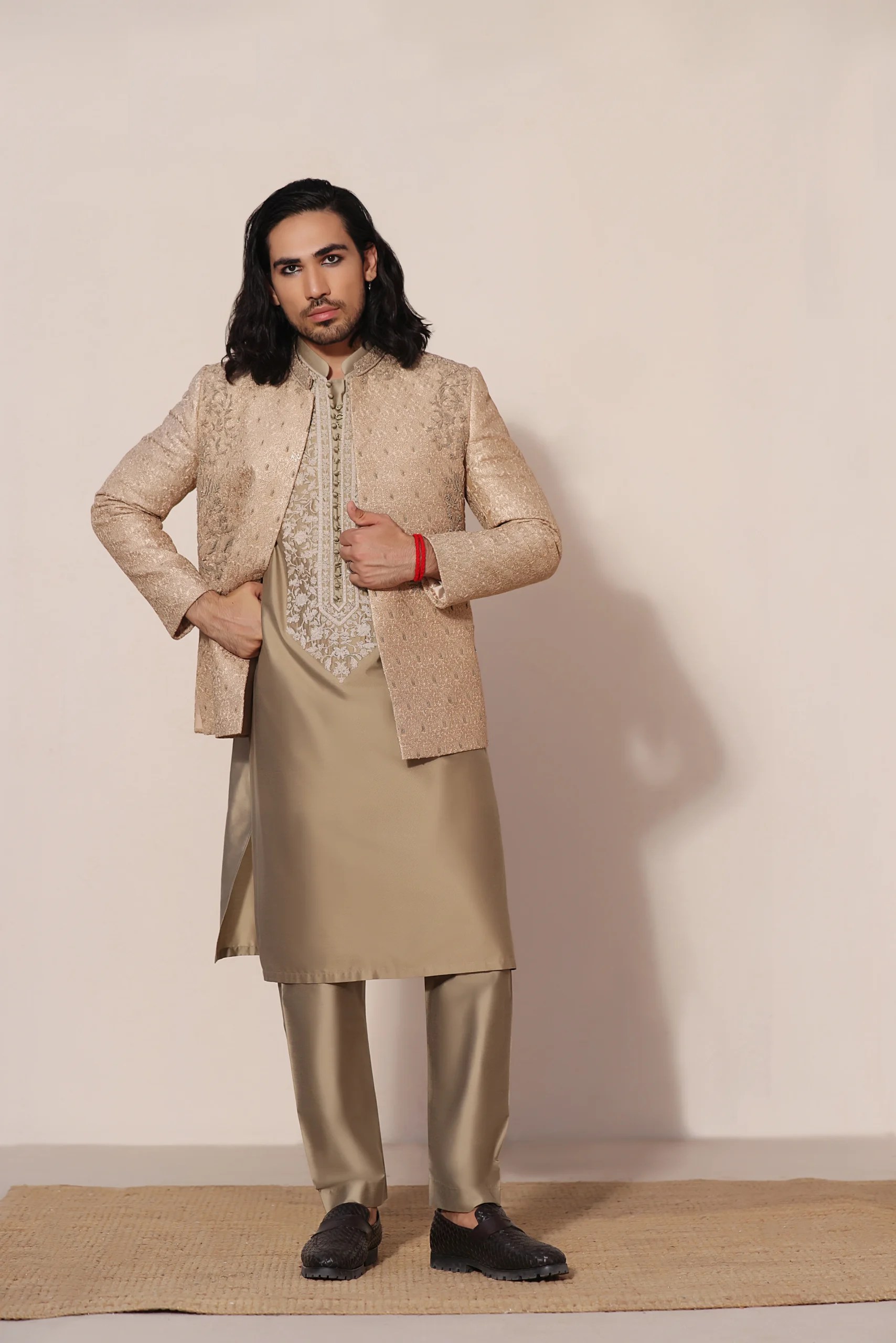 Pale Gold Embroidered Silk-Blend Prince Coat (3-Piece) - Image 2