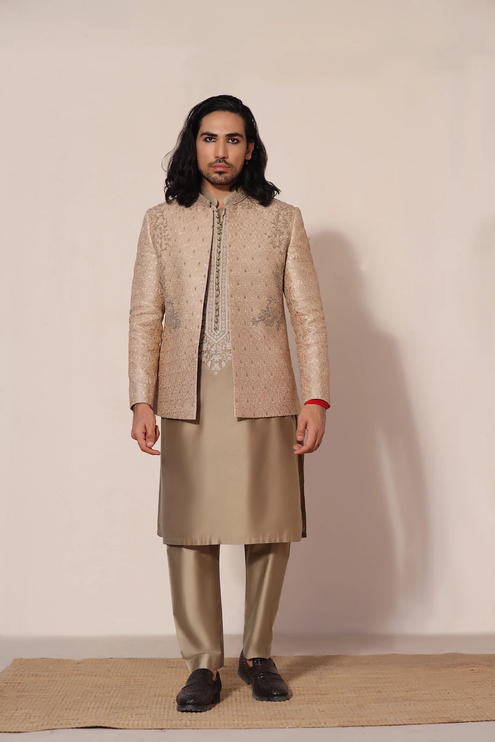 Pale Gold Embroidered Silk-Blend Prince Coat (3-Piece) - Image 3