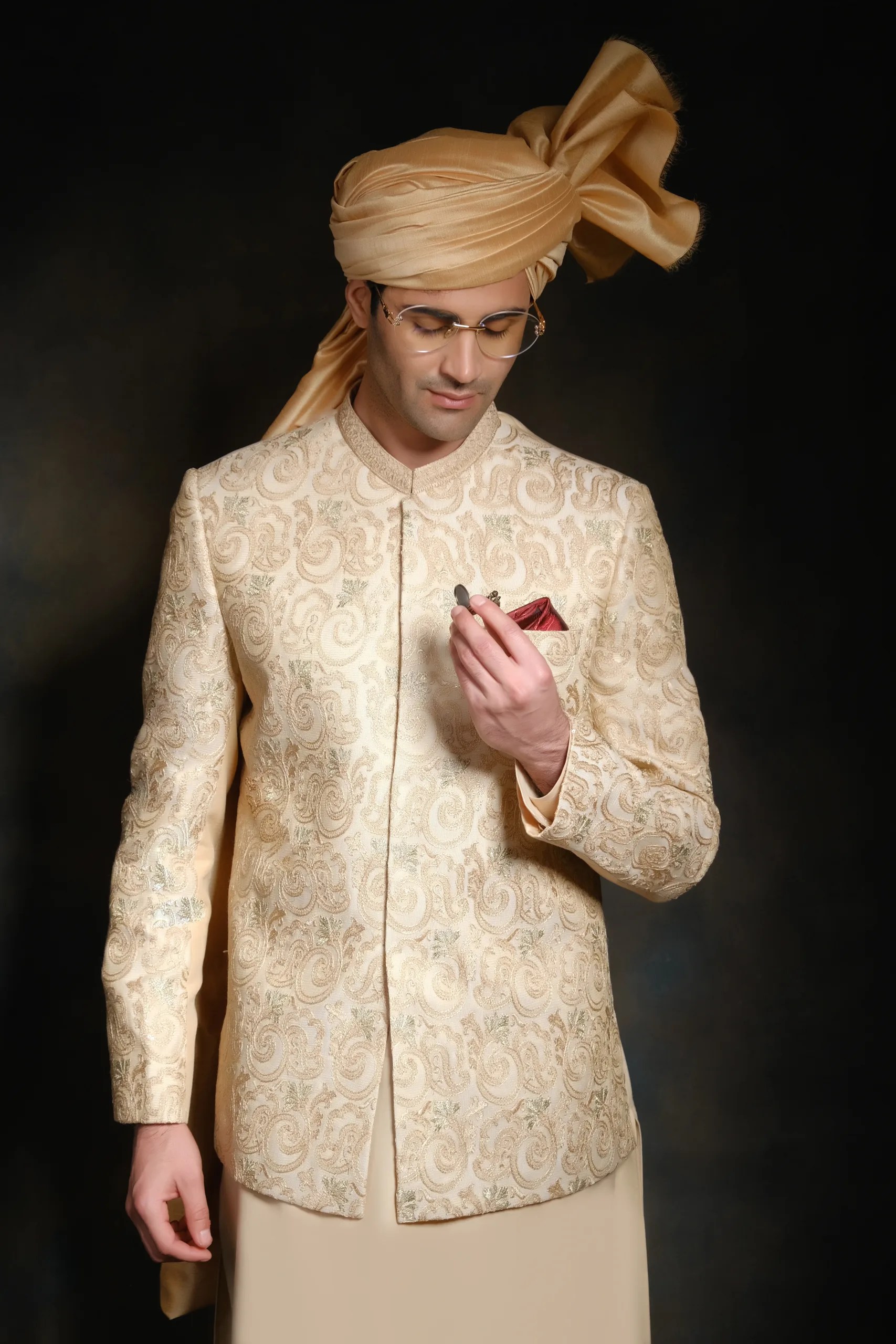 Light Gold Embroidered Silk-Blend Prince Coat (3-Piece) - Image 1