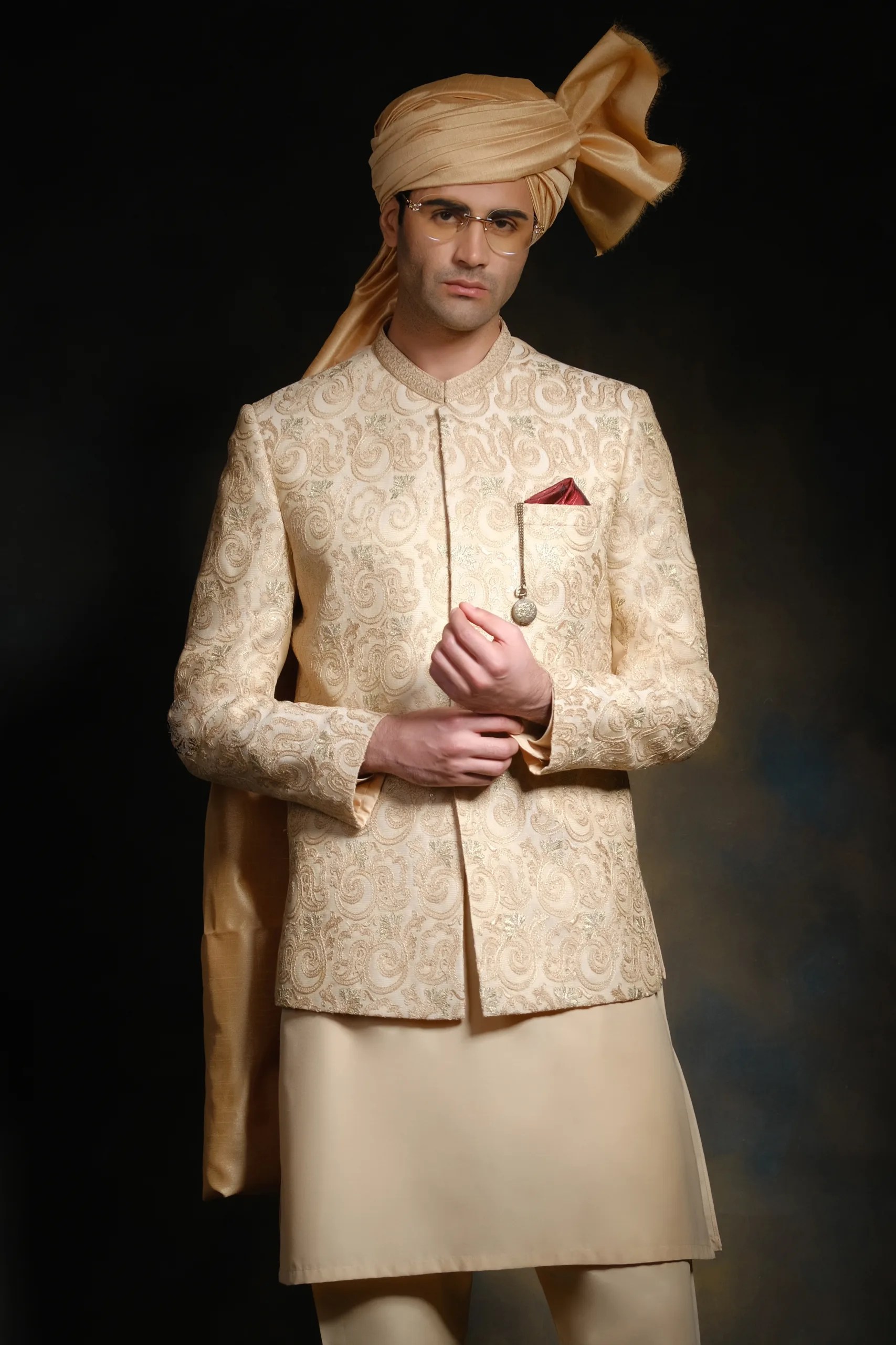 Light Gold Embroidered Silk-Blend Prince Coat (3-Piece) - Image 2