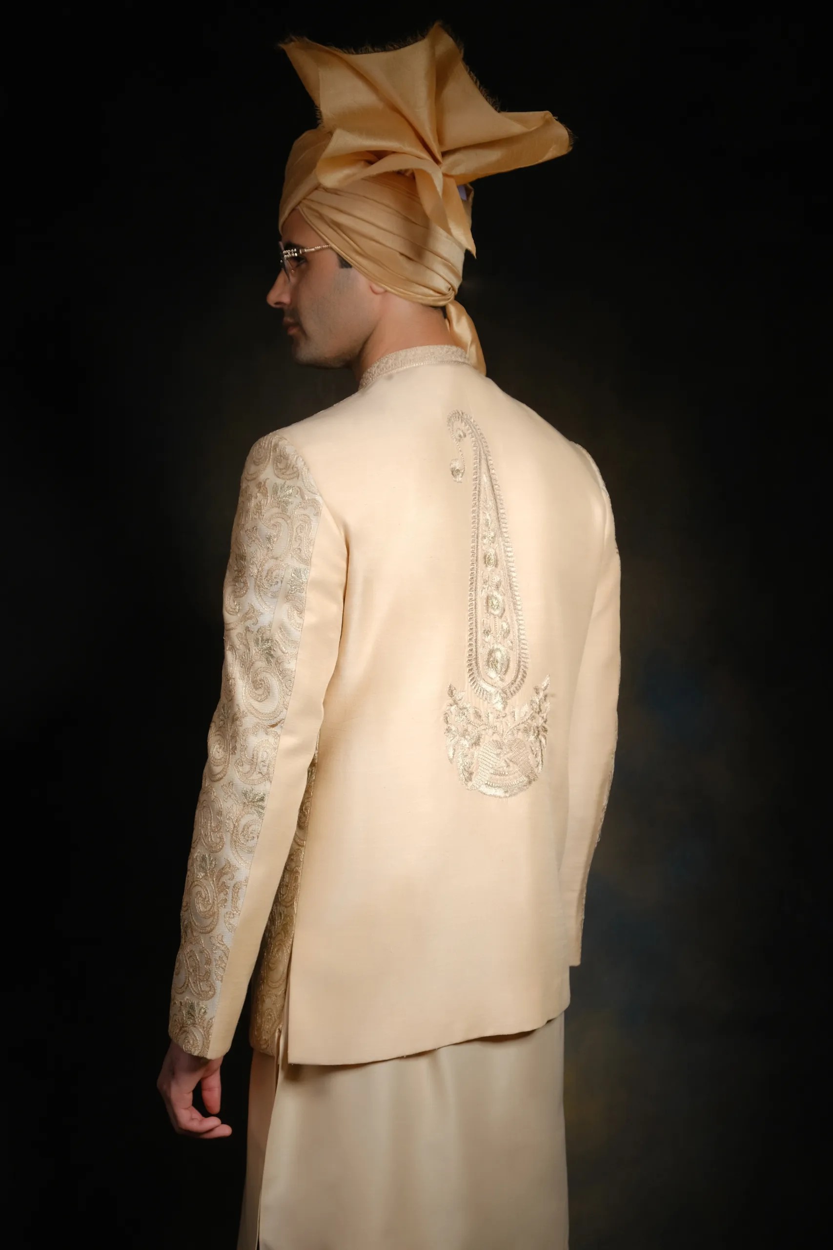 Light Gold Embroidered Silk-Blend Prince Coat (3-Piece) - Image 3