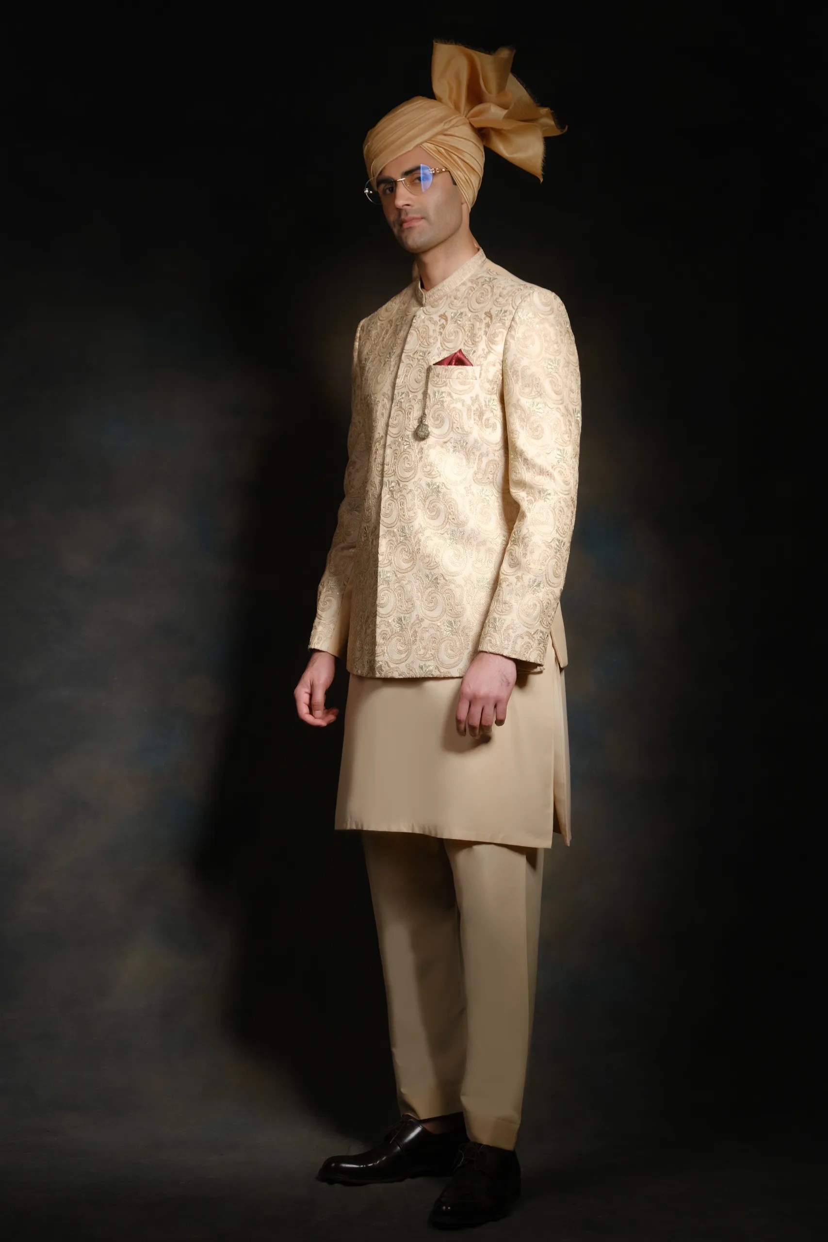 Light Gold Embroidered Silk-Blend Prince Coat (3-Piece) - Image 4