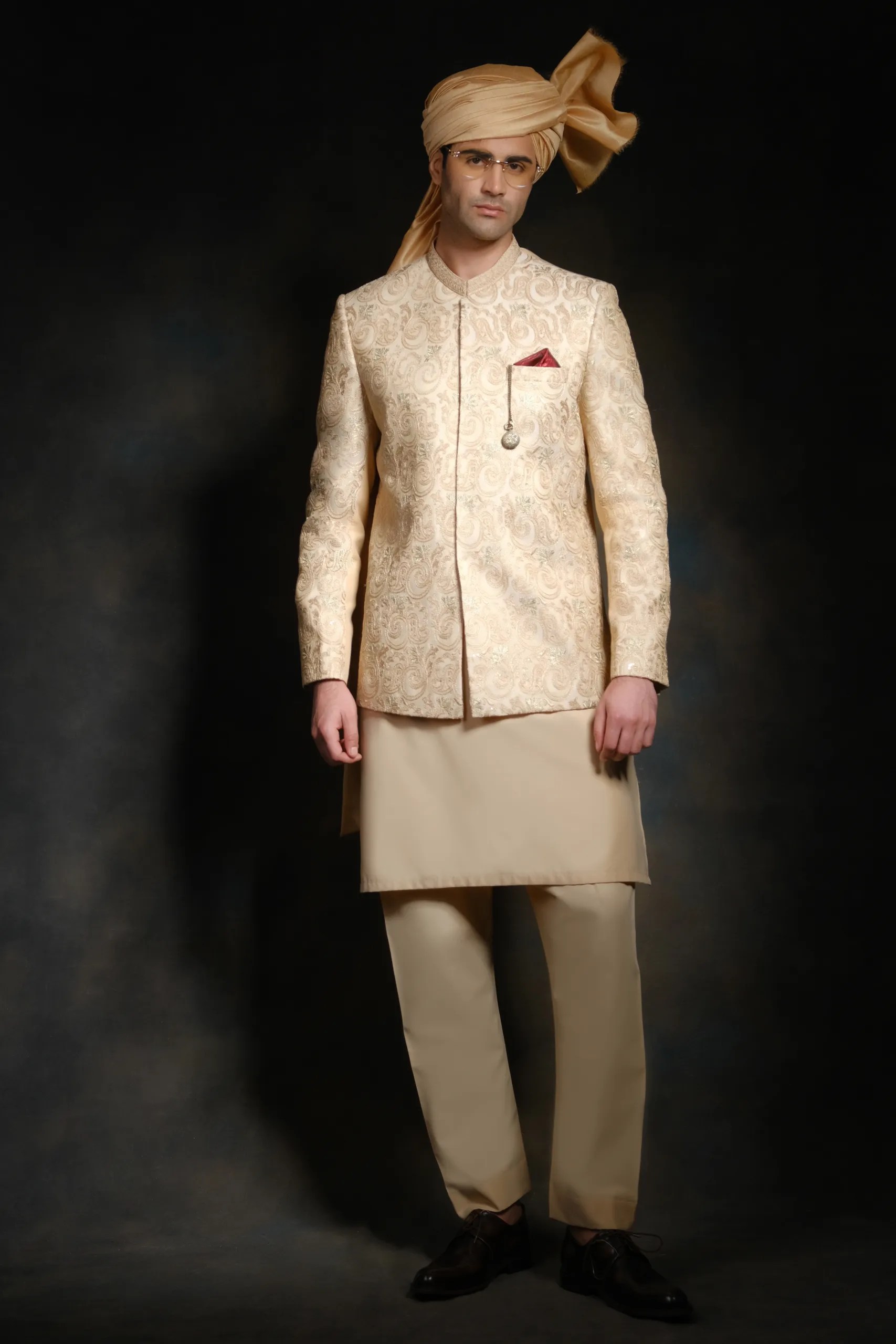 Light Gold Embroidered Silk-Blend Prince Coat (3-Piece) - Image 5