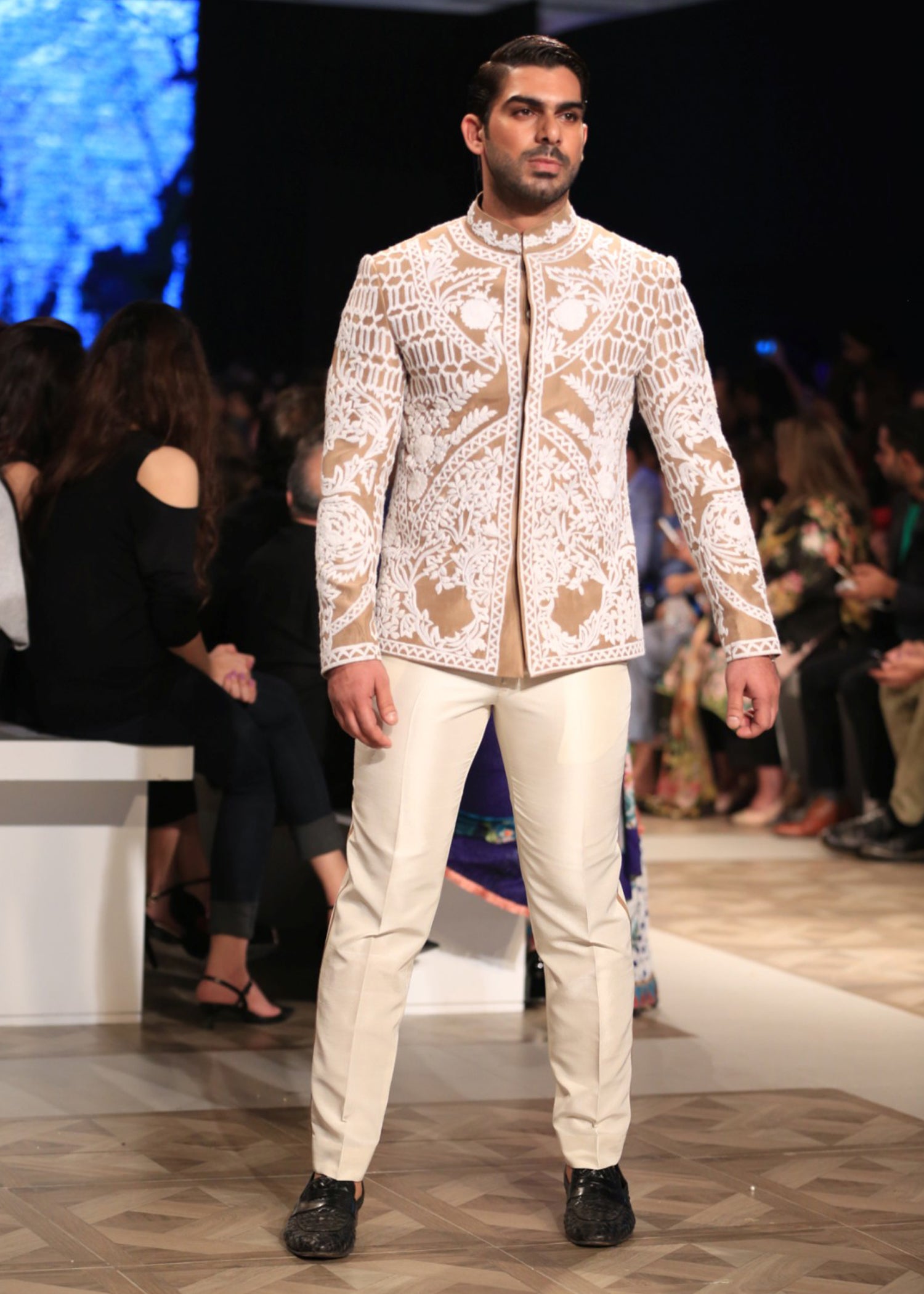 Champagne Ivory Leaf Embroidered Silk-Blend Prince Coat (2-Piece) - Image 4