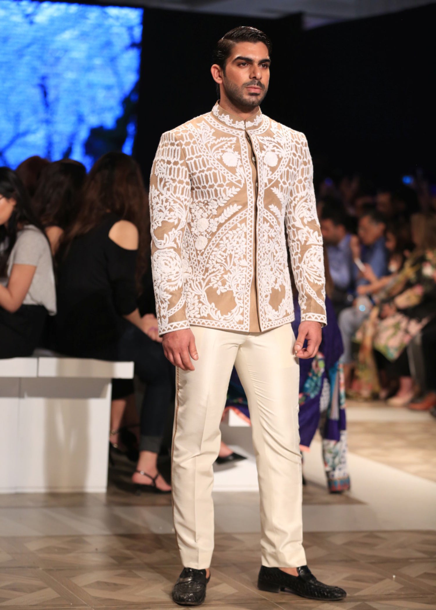 Champagne Ivory Leaf Embroidered Silk-Blend Prince Coat (2-Piece) - Image 5