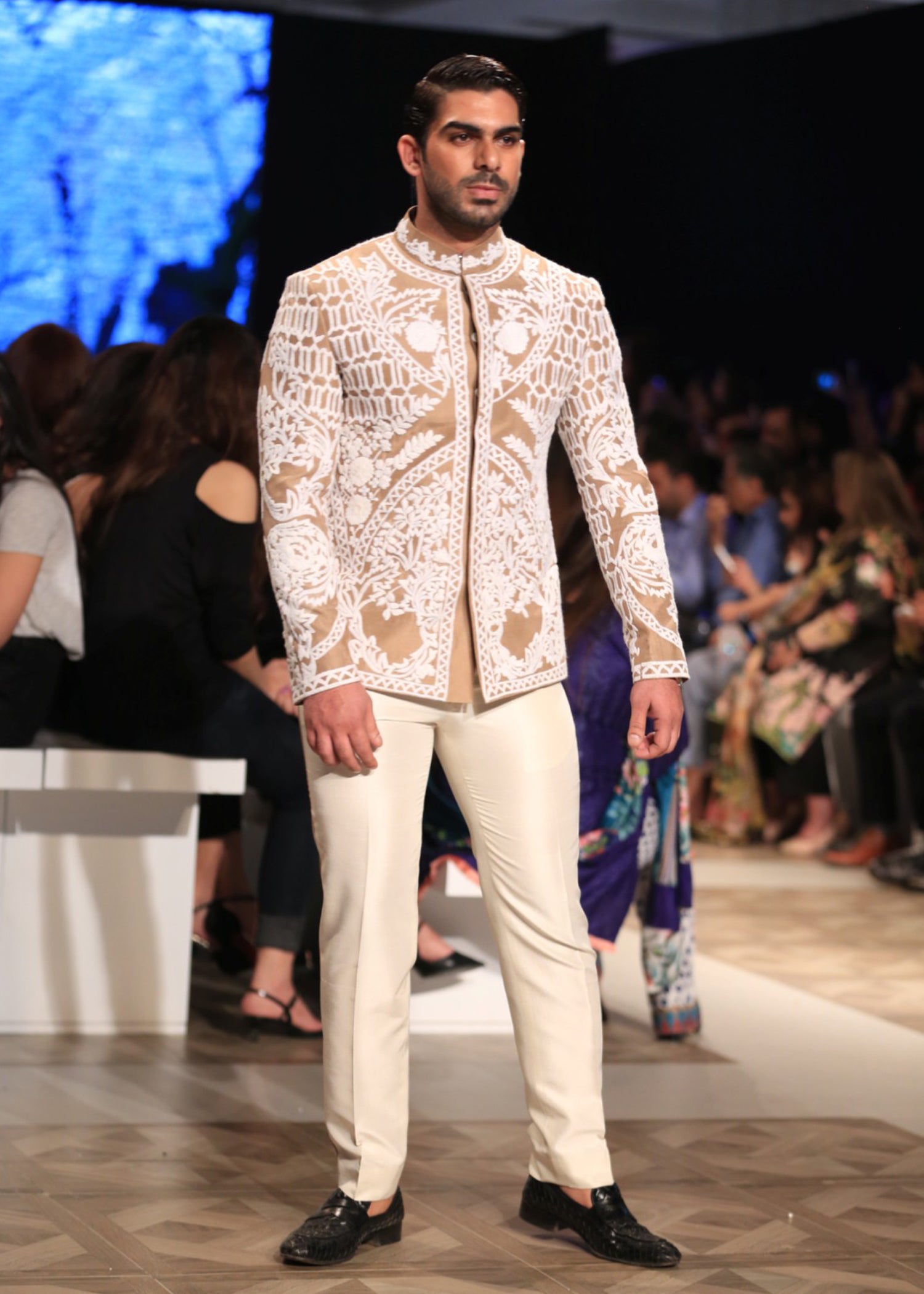 Champagne Ivory Leaf Embroidered Silk-Blend Prince Coat (2-Piece) - Image 6