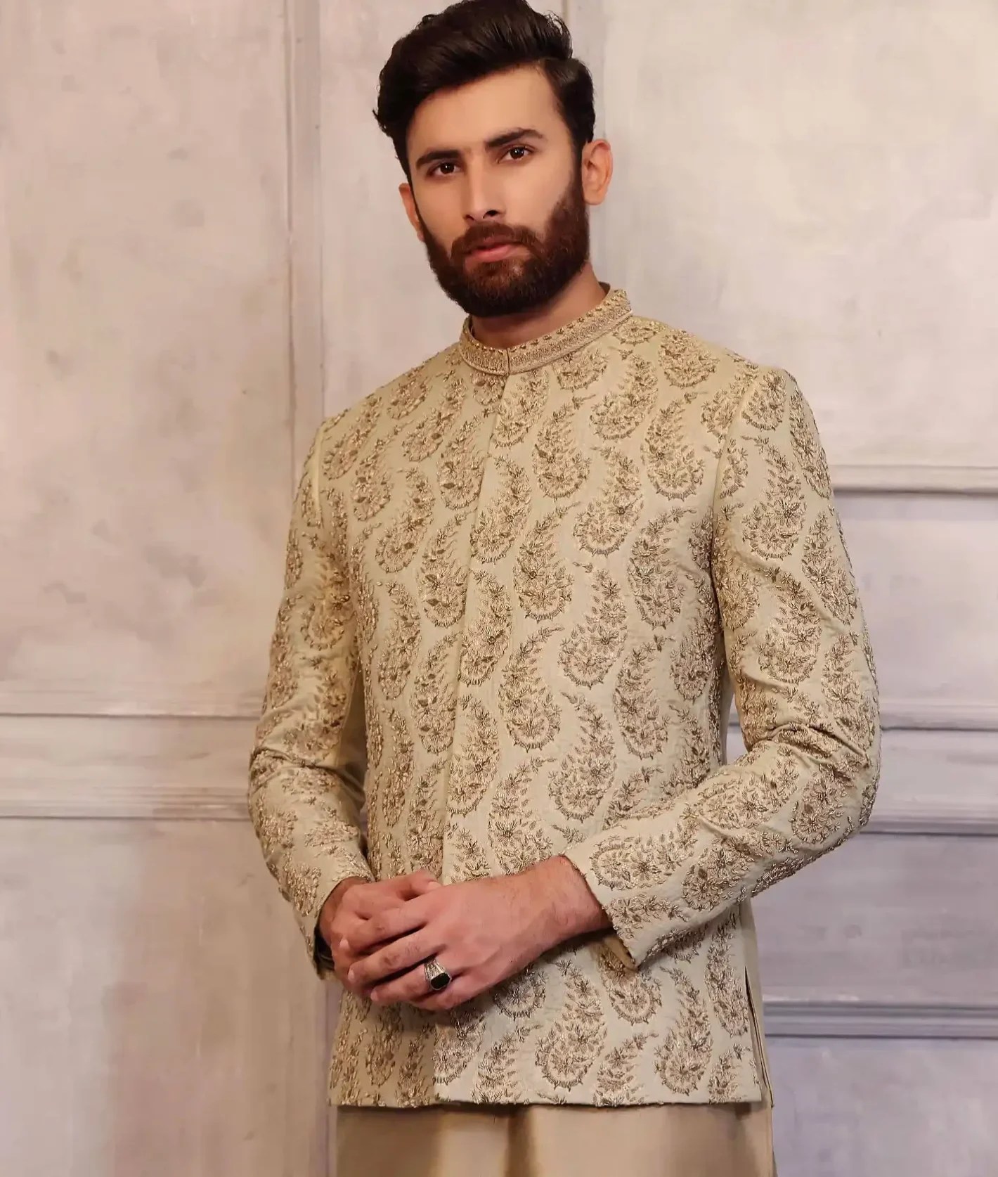 Peach-Gold Hand-Embellished Silk-Blend Prince Coat (3-Piece) - Image 1