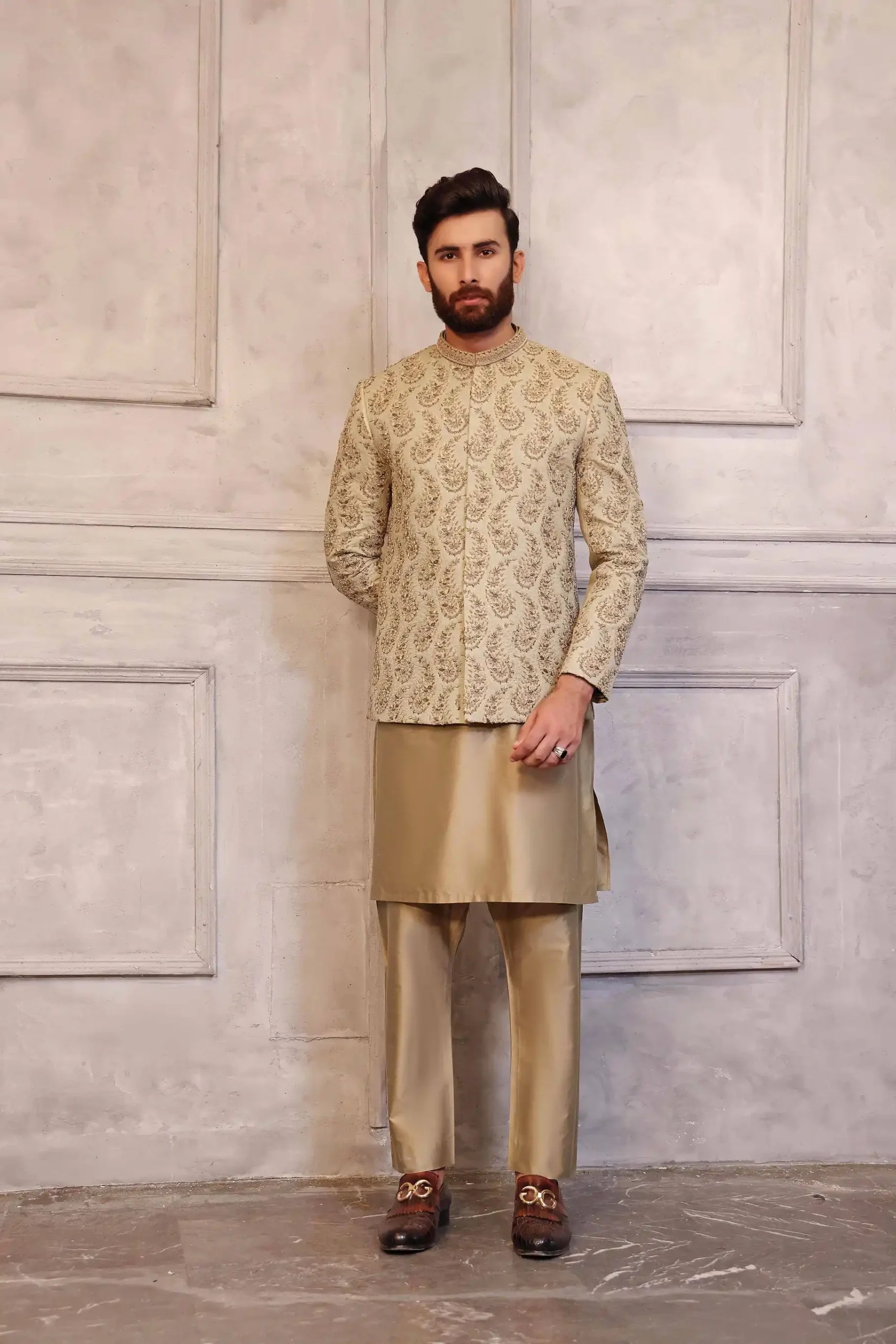 Peach-Gold Hand-Embellished Silk-Blend Prince Coat (3-Piece) - Image 2