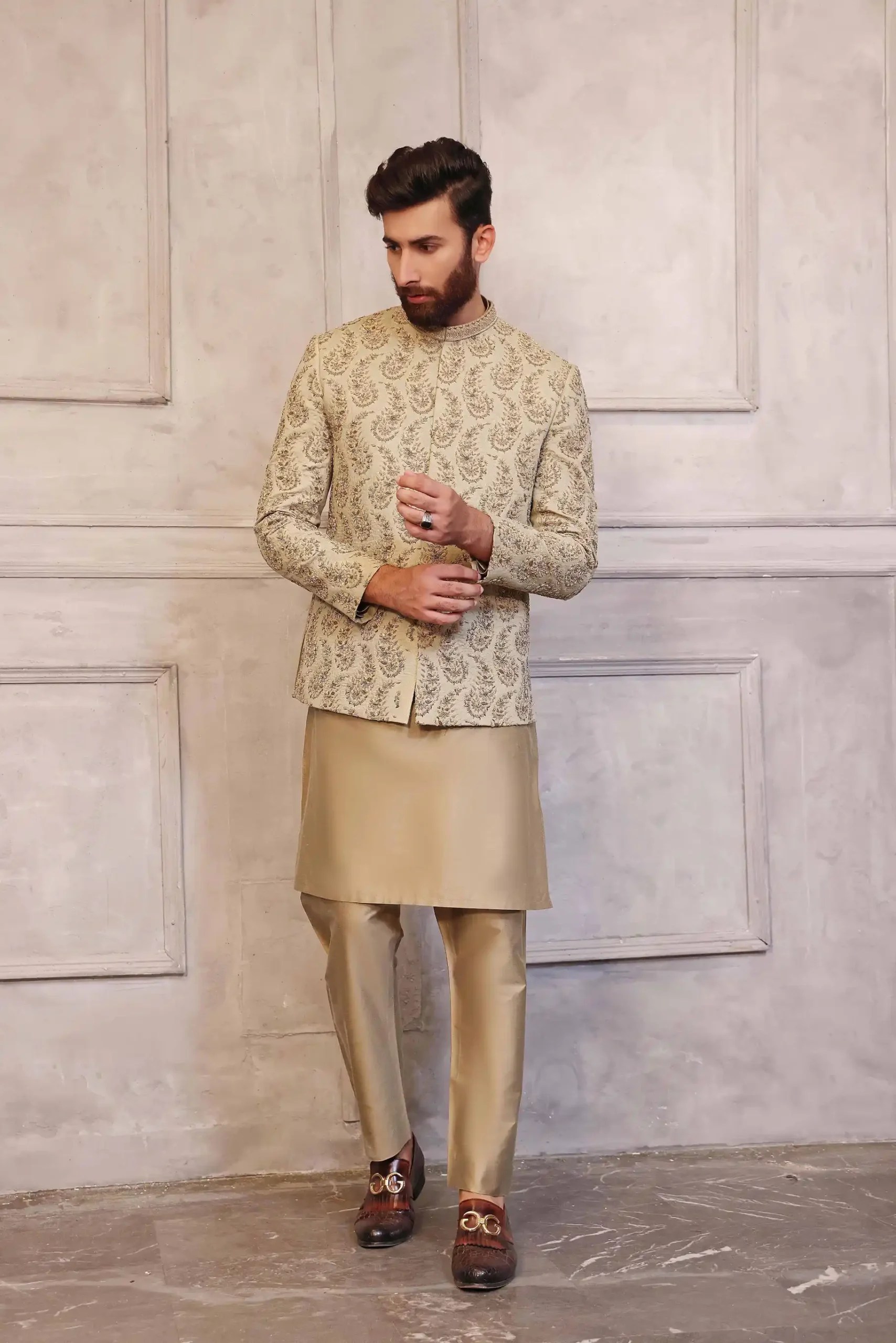 Peach-Gold Hand-Embellished Silk-Blend Prince Coat (3-Piece) - Image 3