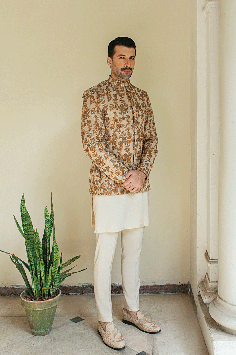 Shimmer Gold Floral Embellished Silk-Blend Prince Coat (3-Piece) - Image 1